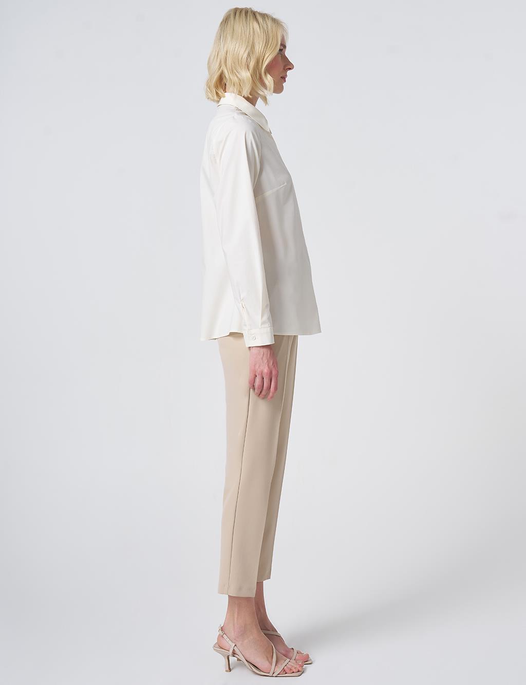 Shirt Collar Cotton Basic Blouse Ecru