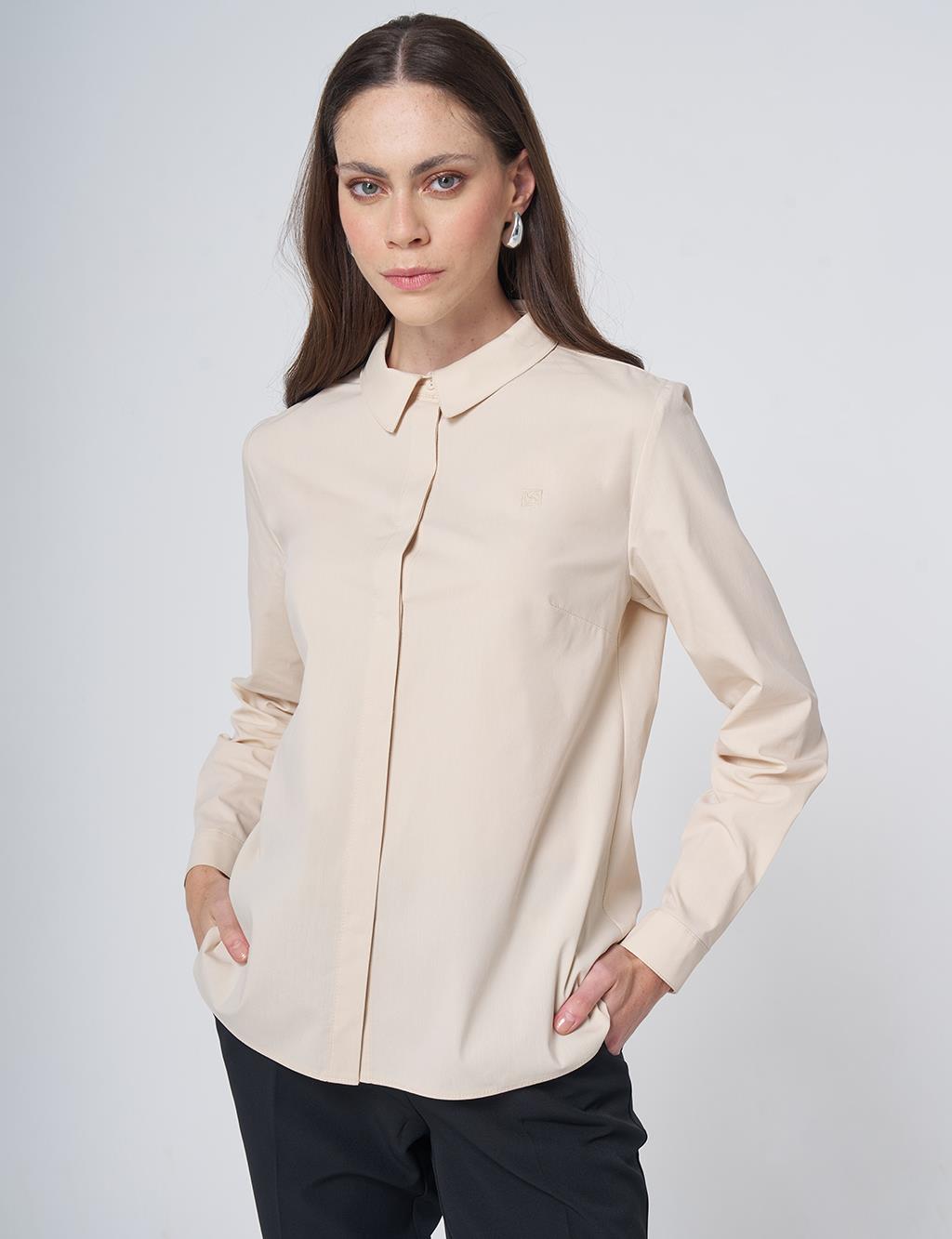 Shirt Collar Cotton Basic Blouse Cream