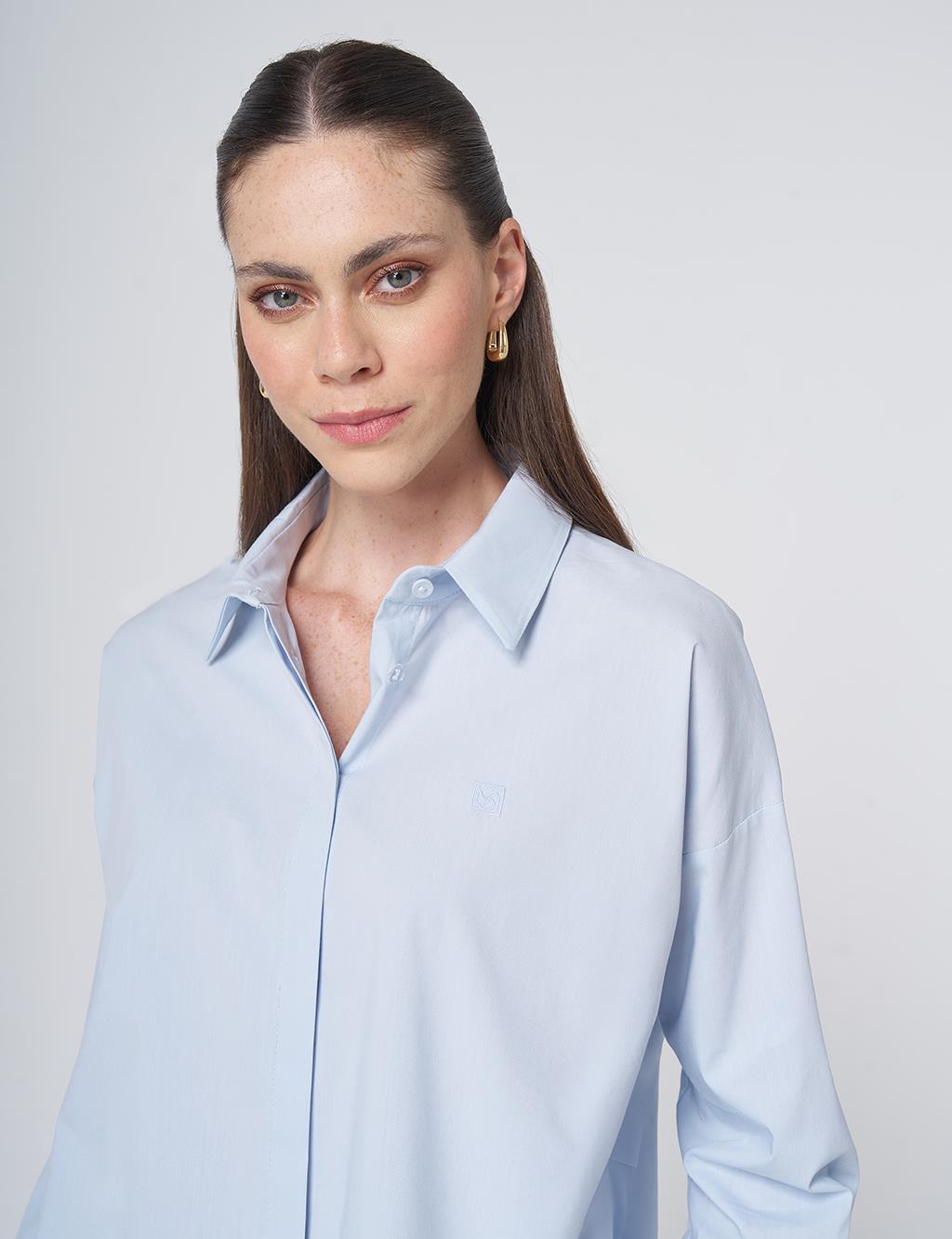 Concealed Placket Cotton Tunic Ice Blue