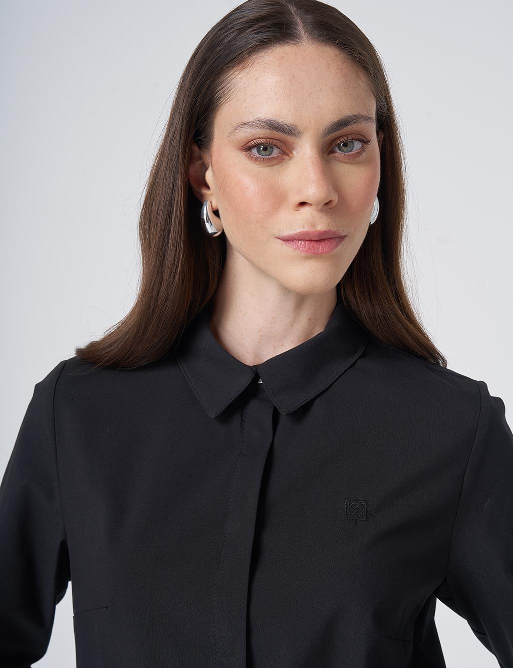 Shirt Collar Cotton Basic Blouse Black
