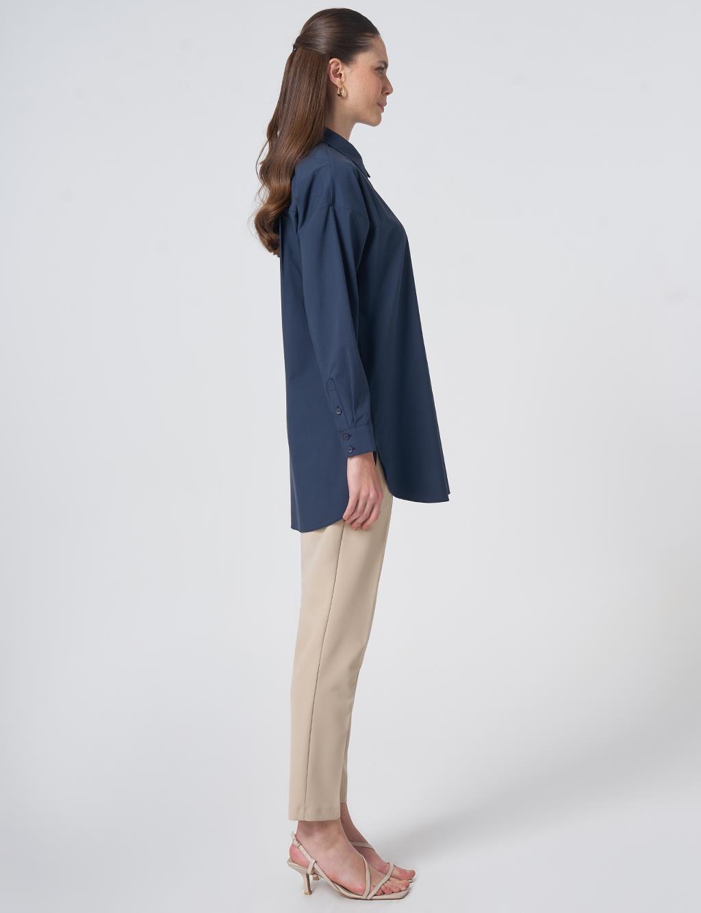 Concealed Placket Cotton Tunic Navy Blue