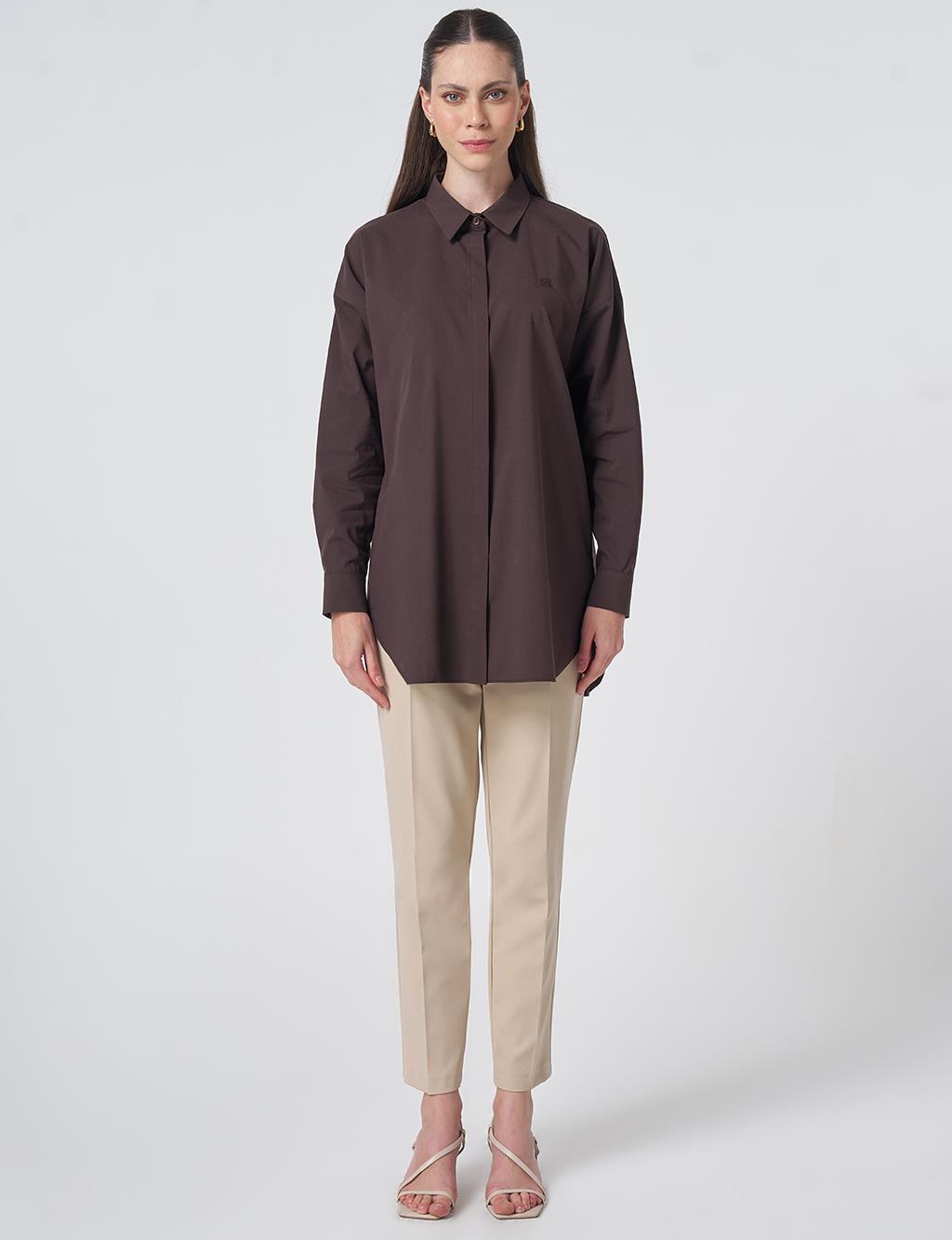 Concealed Placket Cotton Tunic Dark Brown