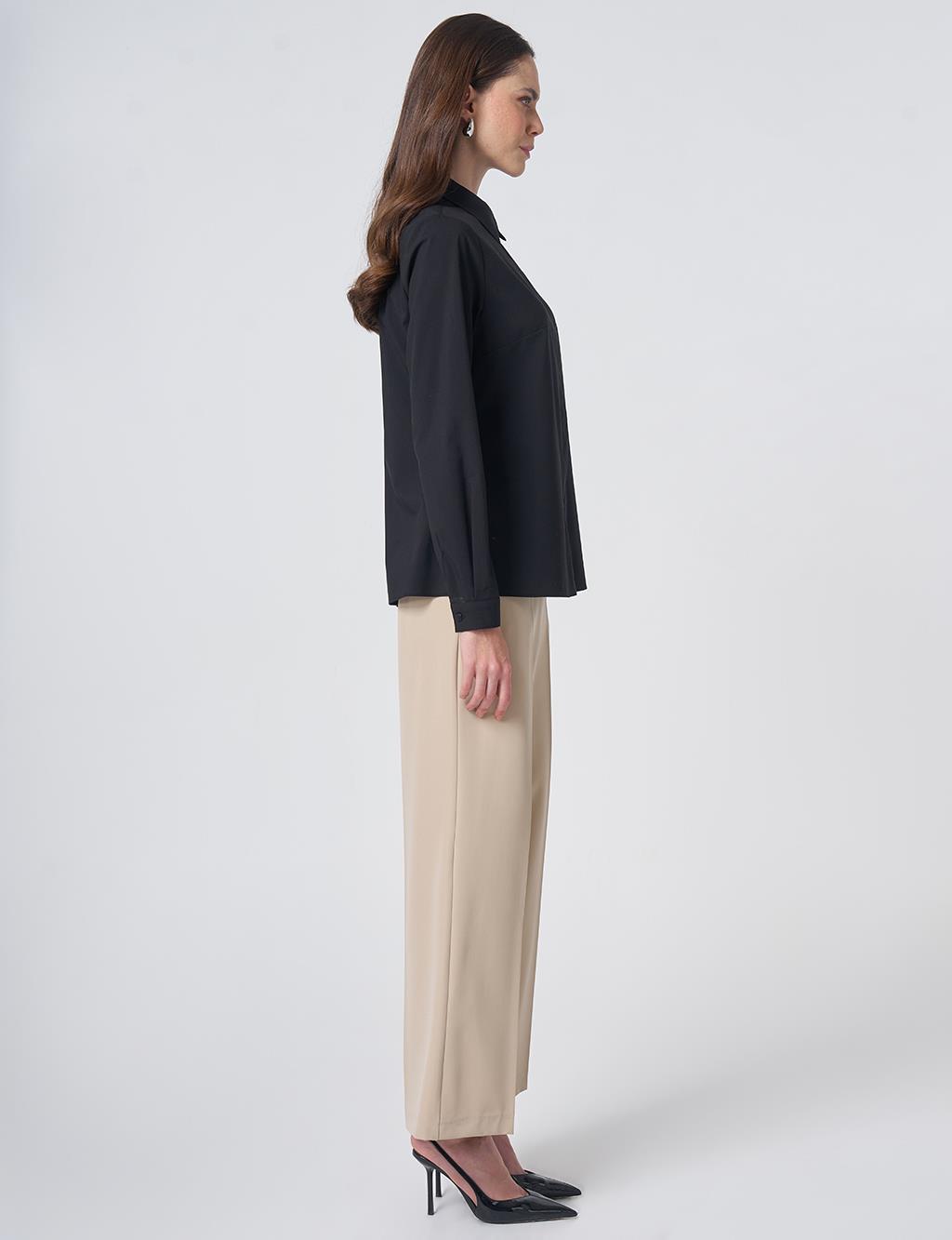Shirt Collar Cotton Basic Blouse Black