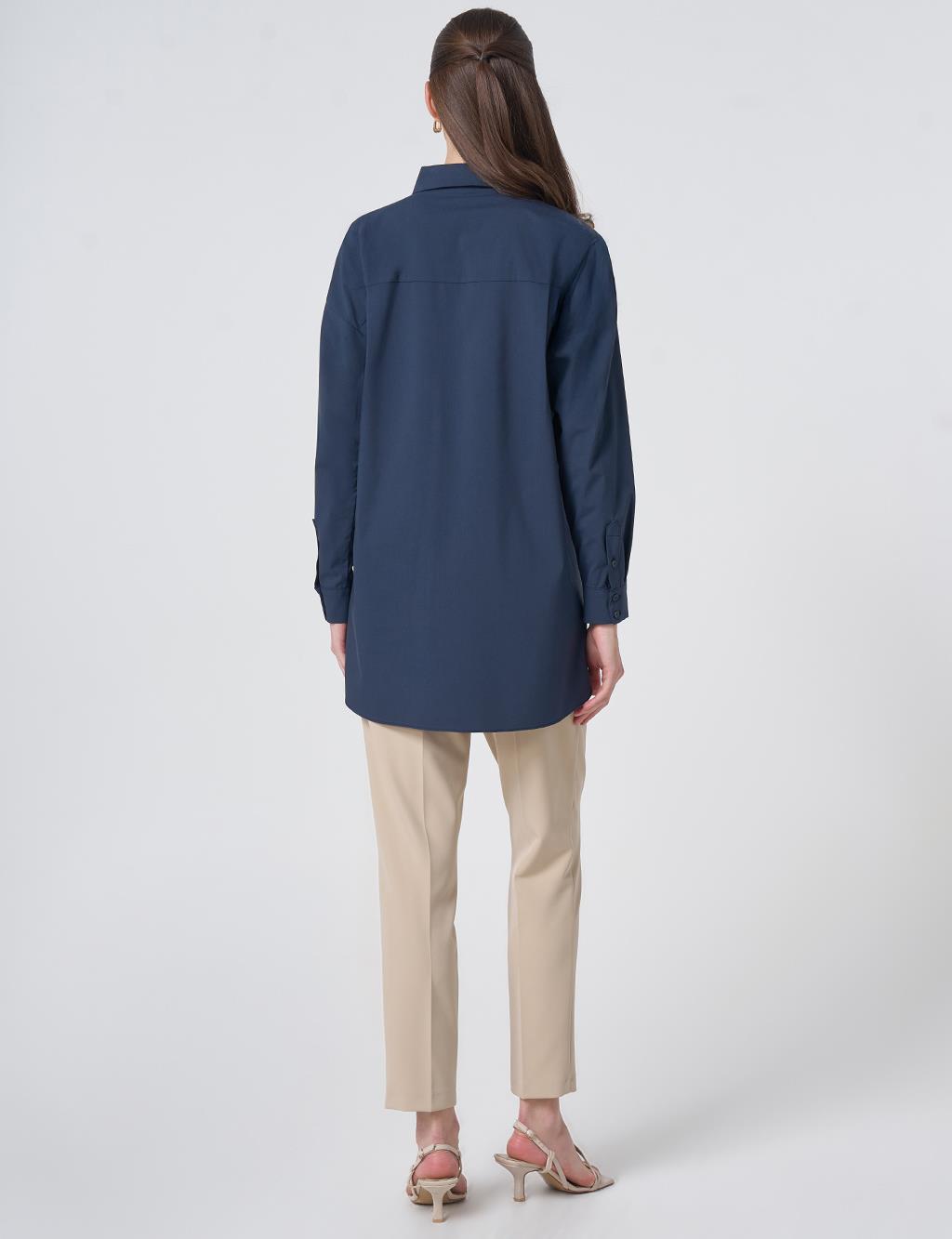 Concealed Placket Cotton Tunic Navy Blue