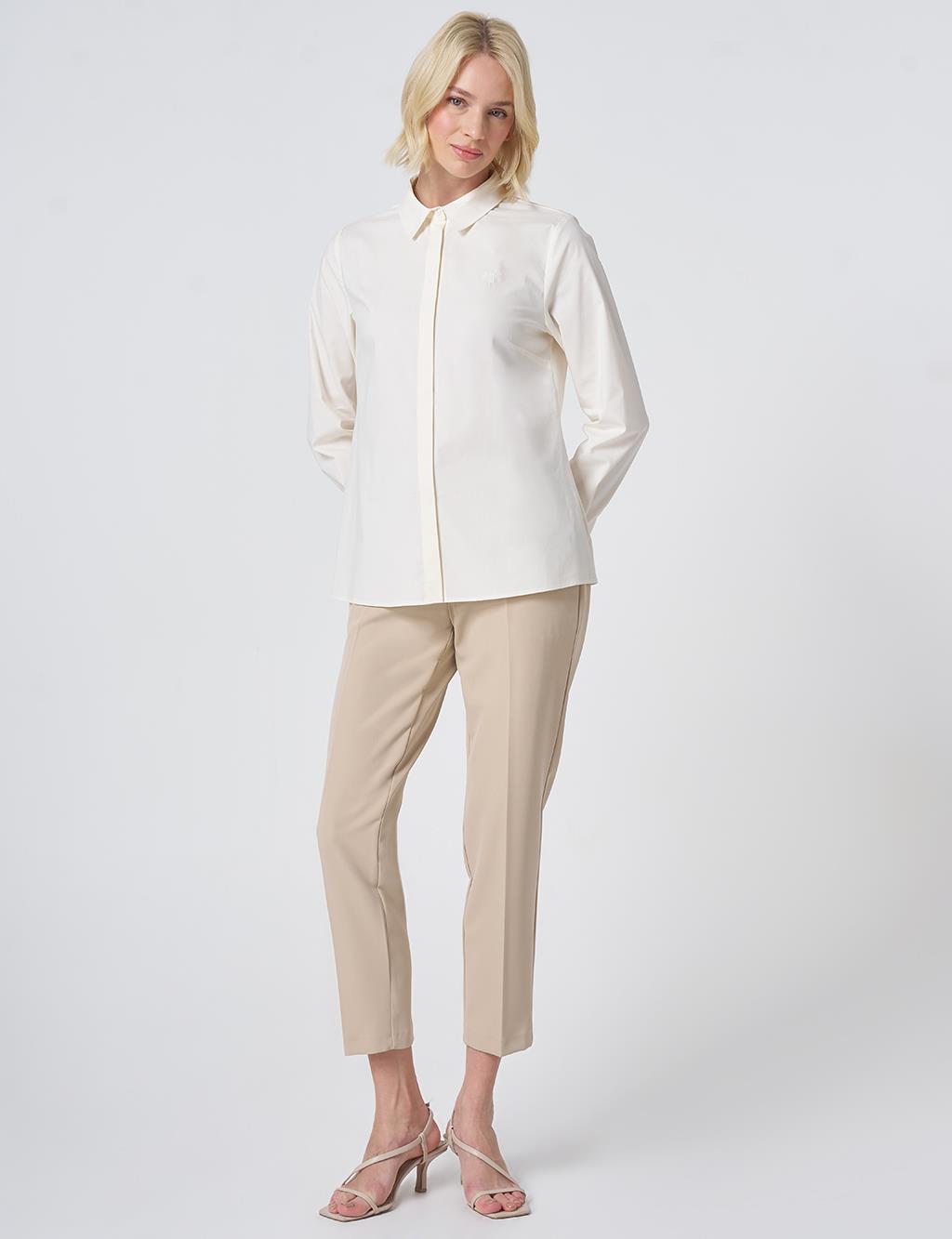 Shirt Collar Cotton Basic Blouse Ecru