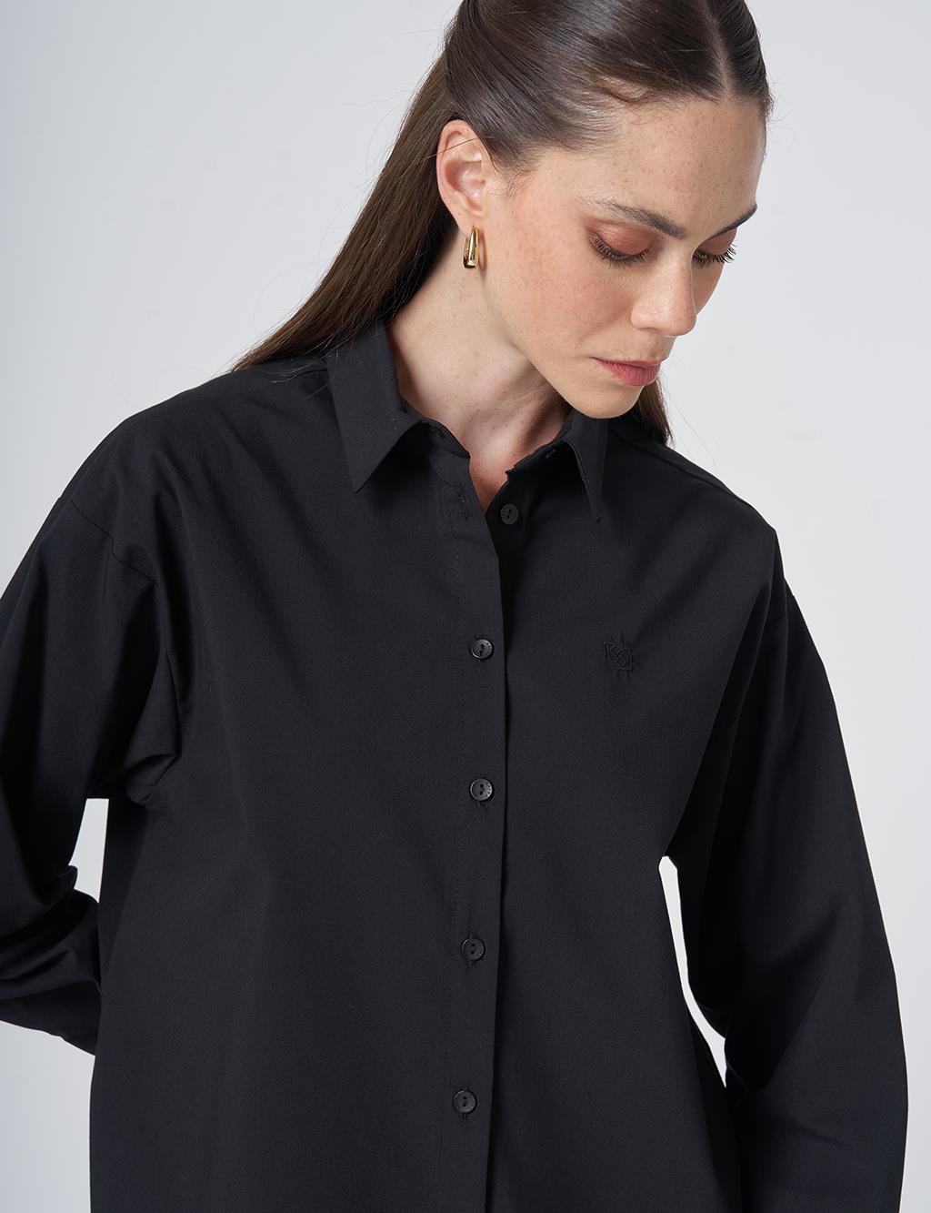 Buttoned Cotton Basic Shirt Black