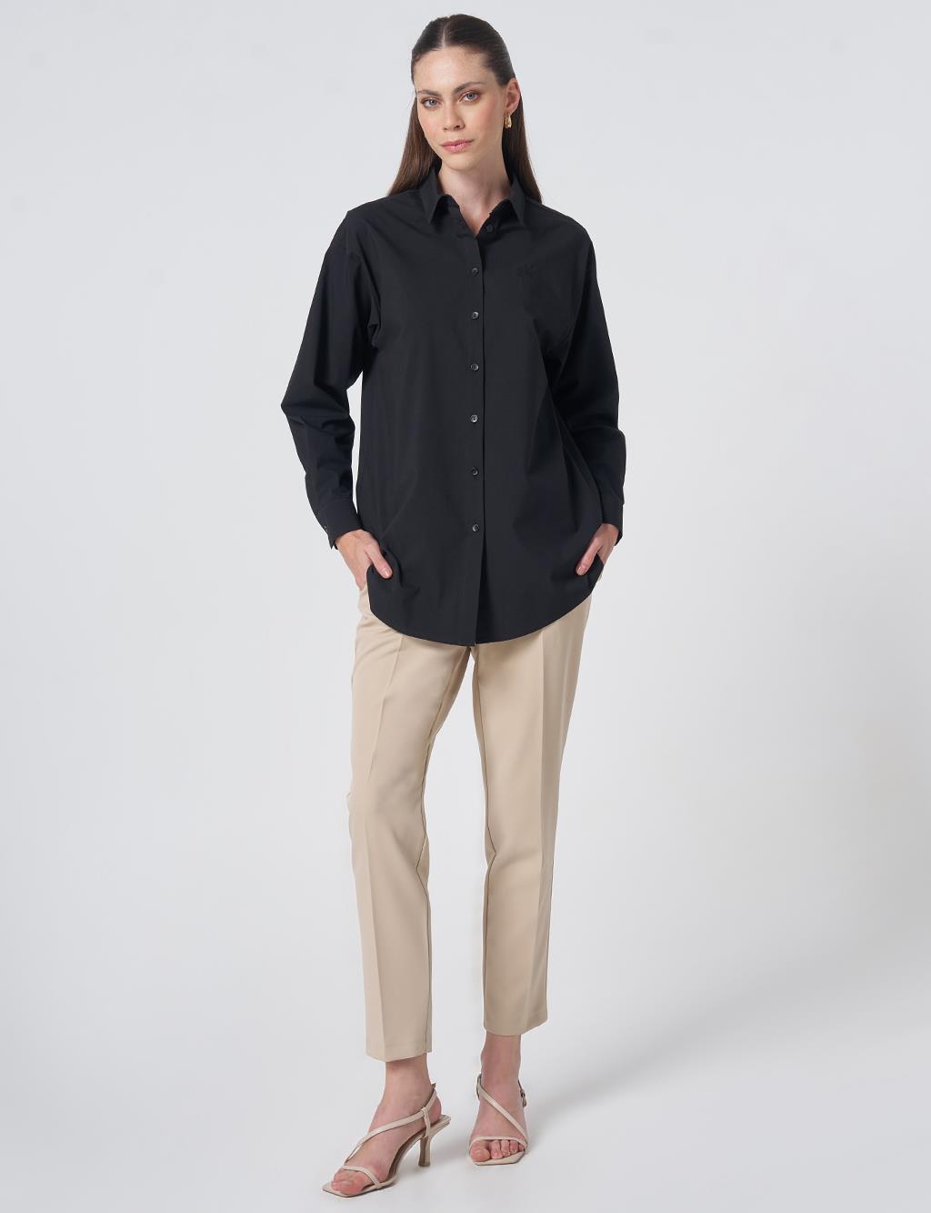 Buttoned Cotton Basic Shirt Black