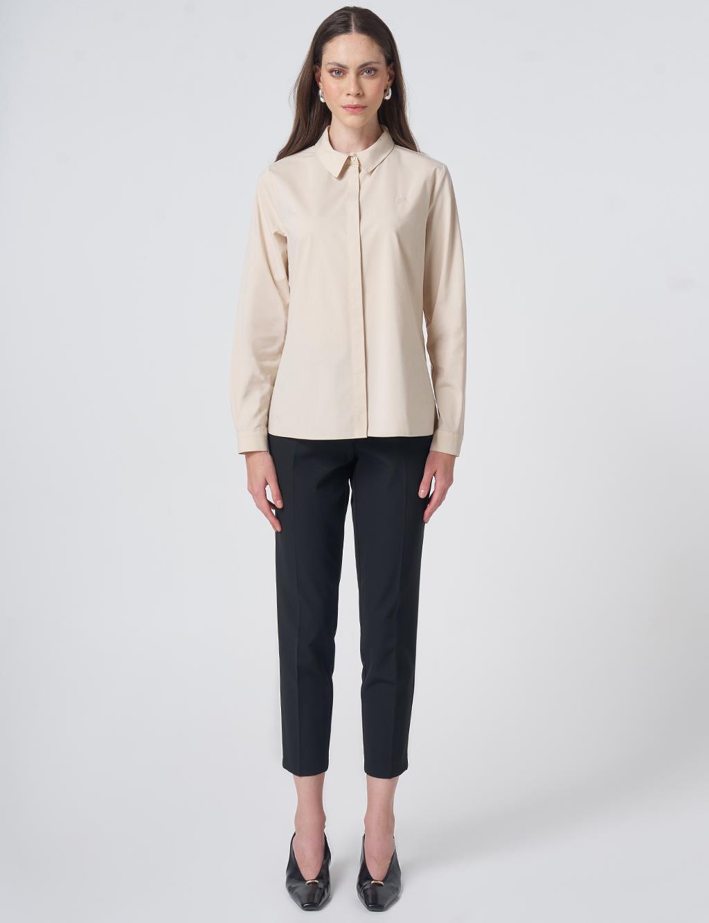 Shirt Collar Cotton Basic Blouse Cream