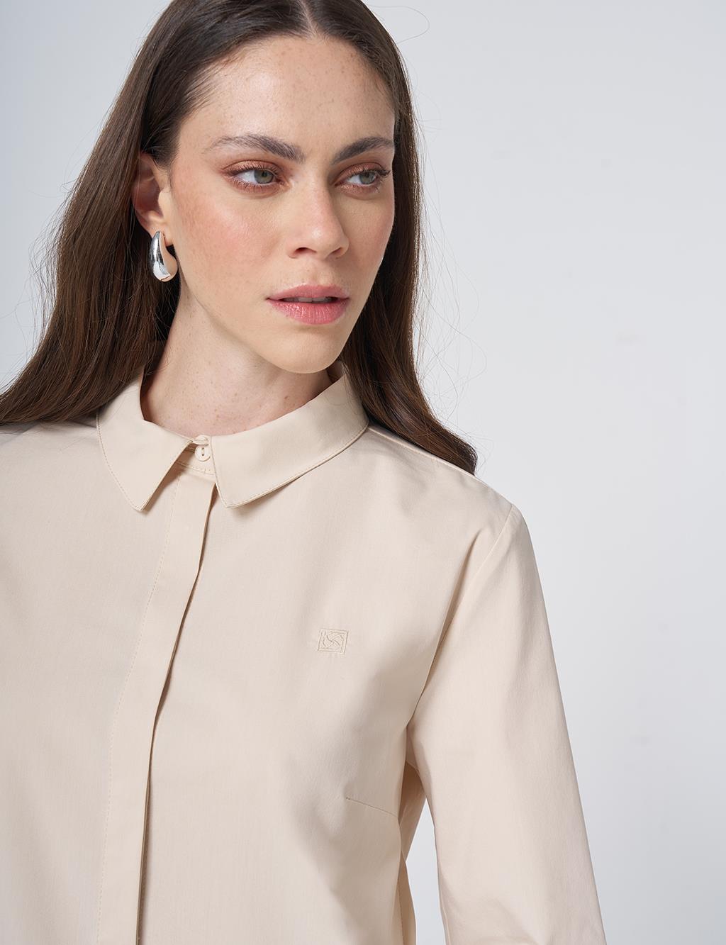 Shirt Collar Cotton Basic Blouse Cream