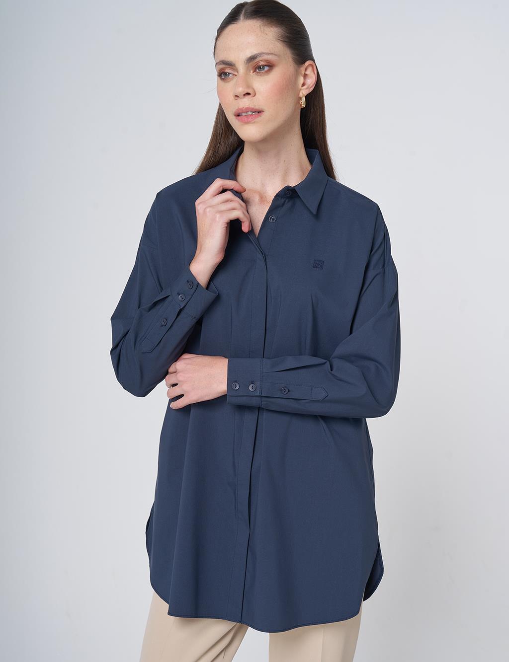Concealed Placket Cotton Tunic Navy Blue