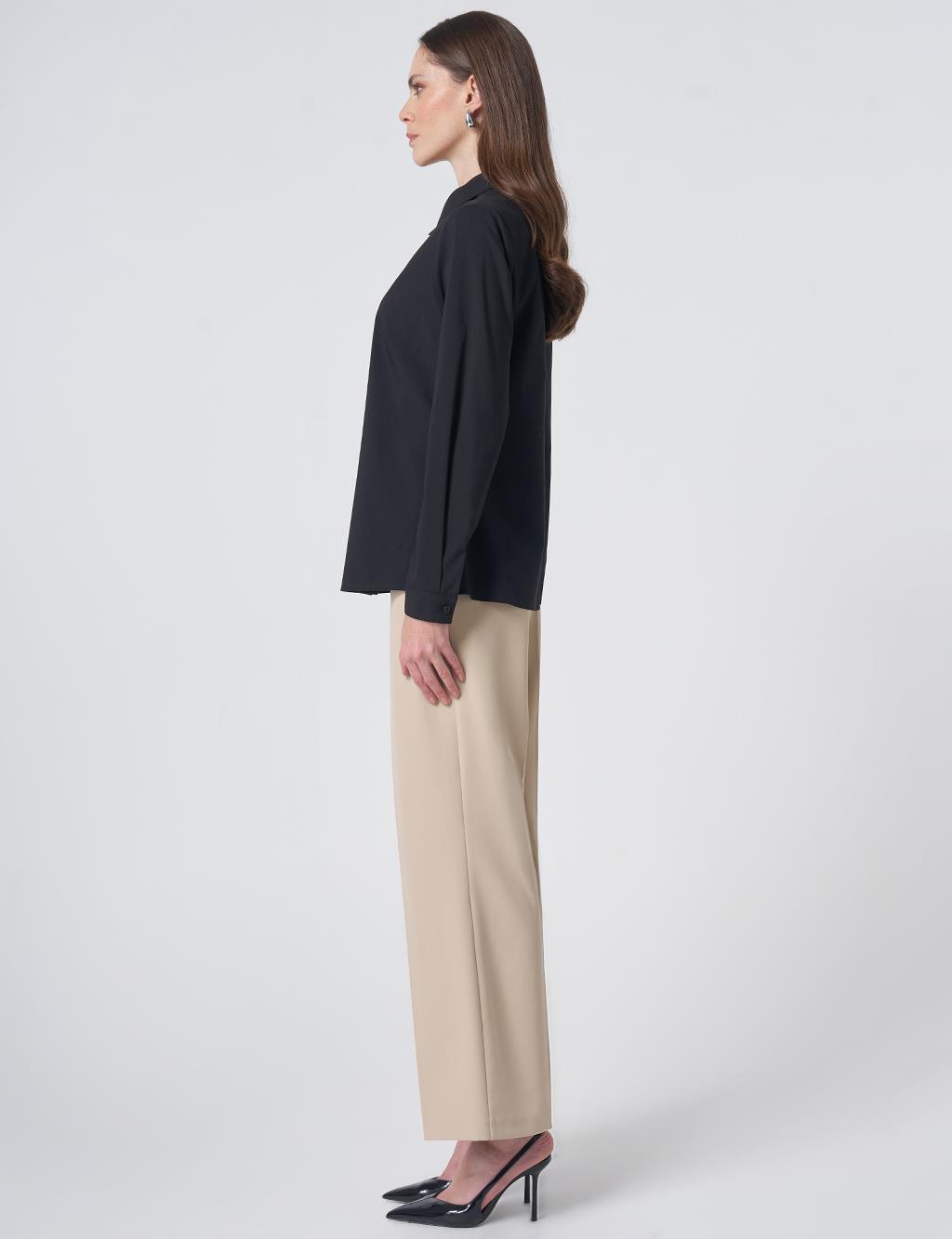 Shirt Collar Cotton Basic Blouse Black