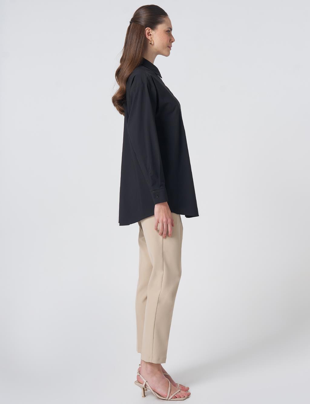 Buttoned Cotton Basic Shirt Black