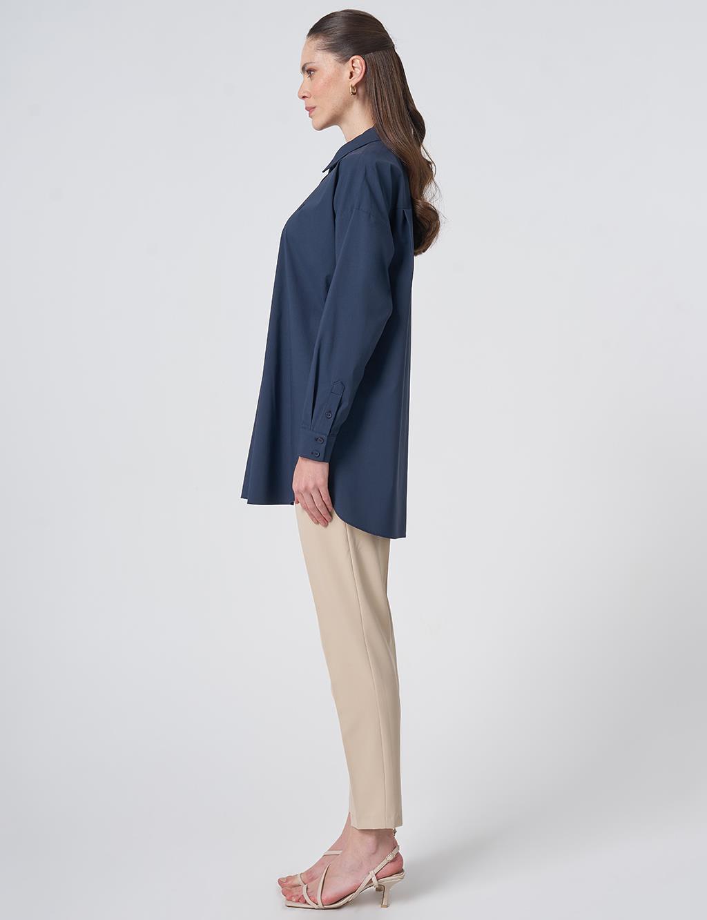 Concealed Placket Cotton Tunic Navy Blue