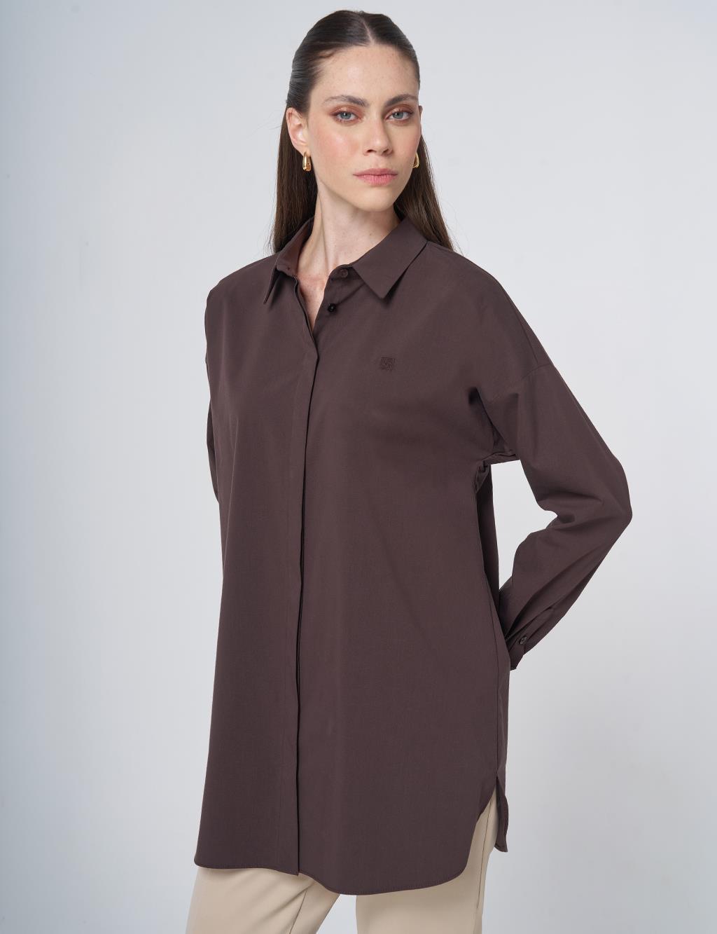 Concealed Placket Cotton Tunic Dark Brown