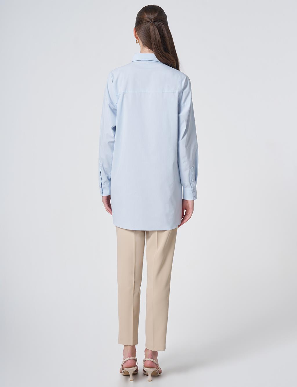 Concealed Placket Cotton Tunic Ice Blue