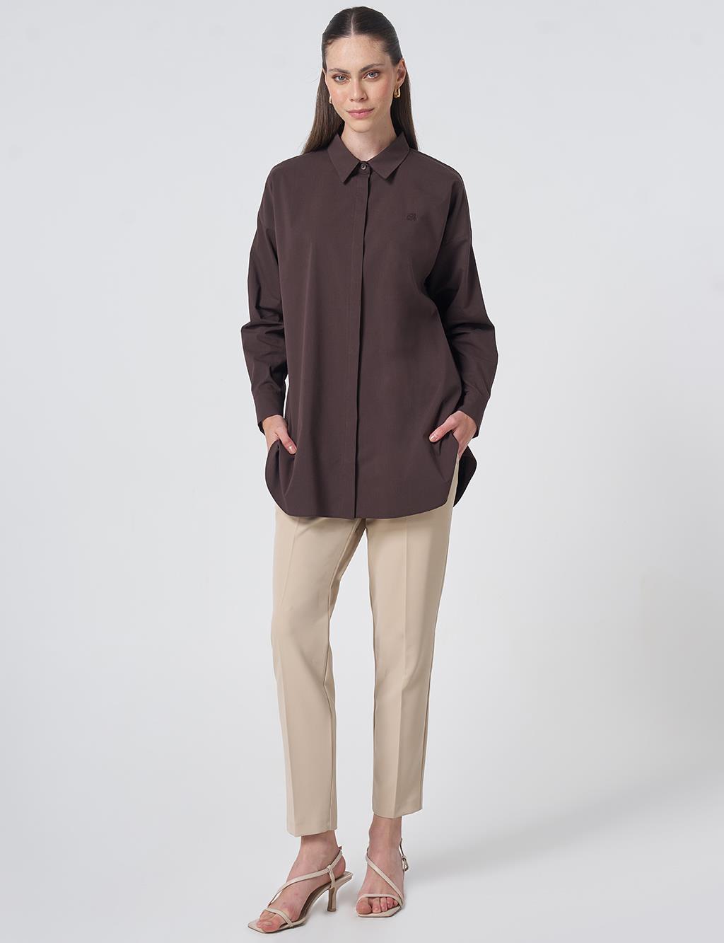 Concealed Placket Cotton Tunic Dark Brown
