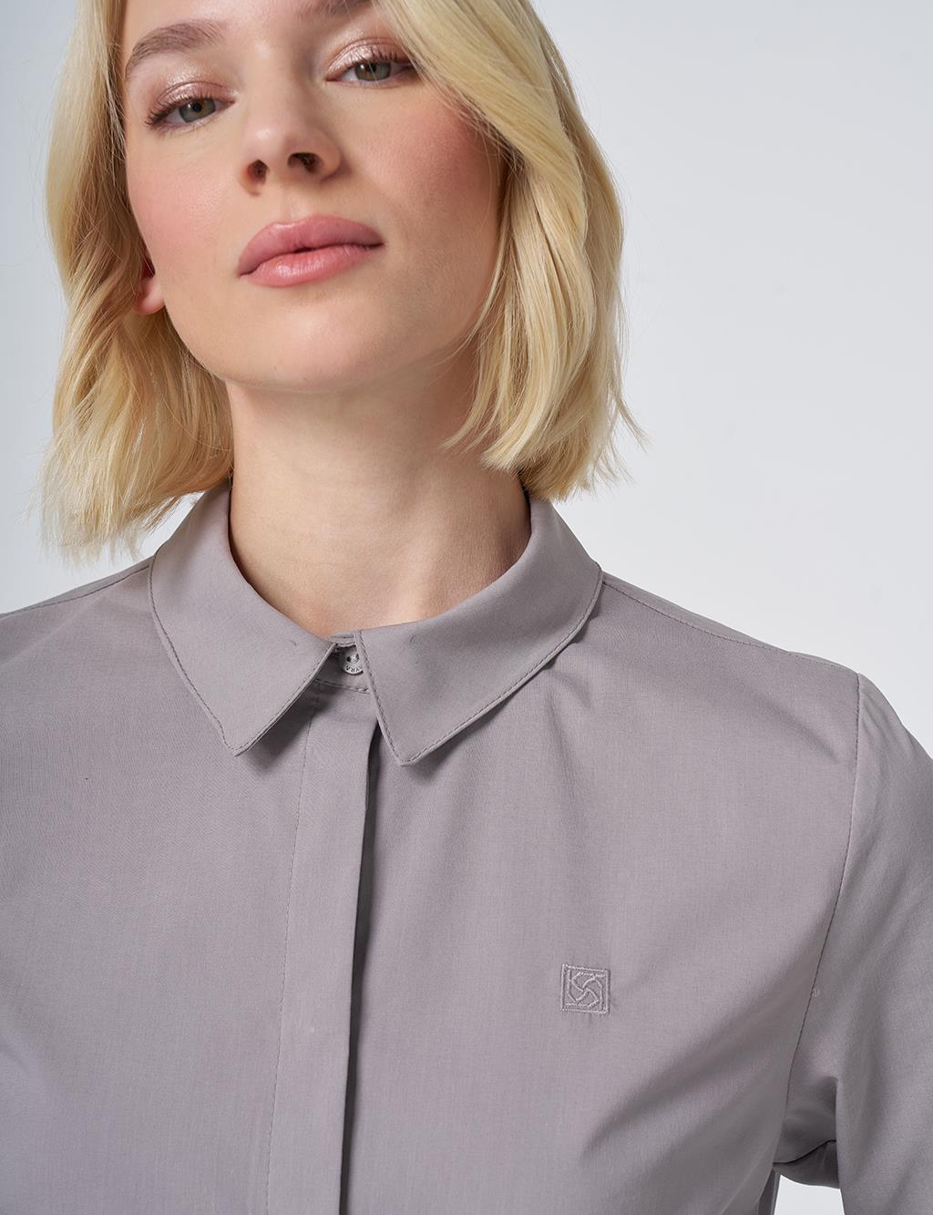 Shirt Collar Cotton Basic Blouse Light Grey