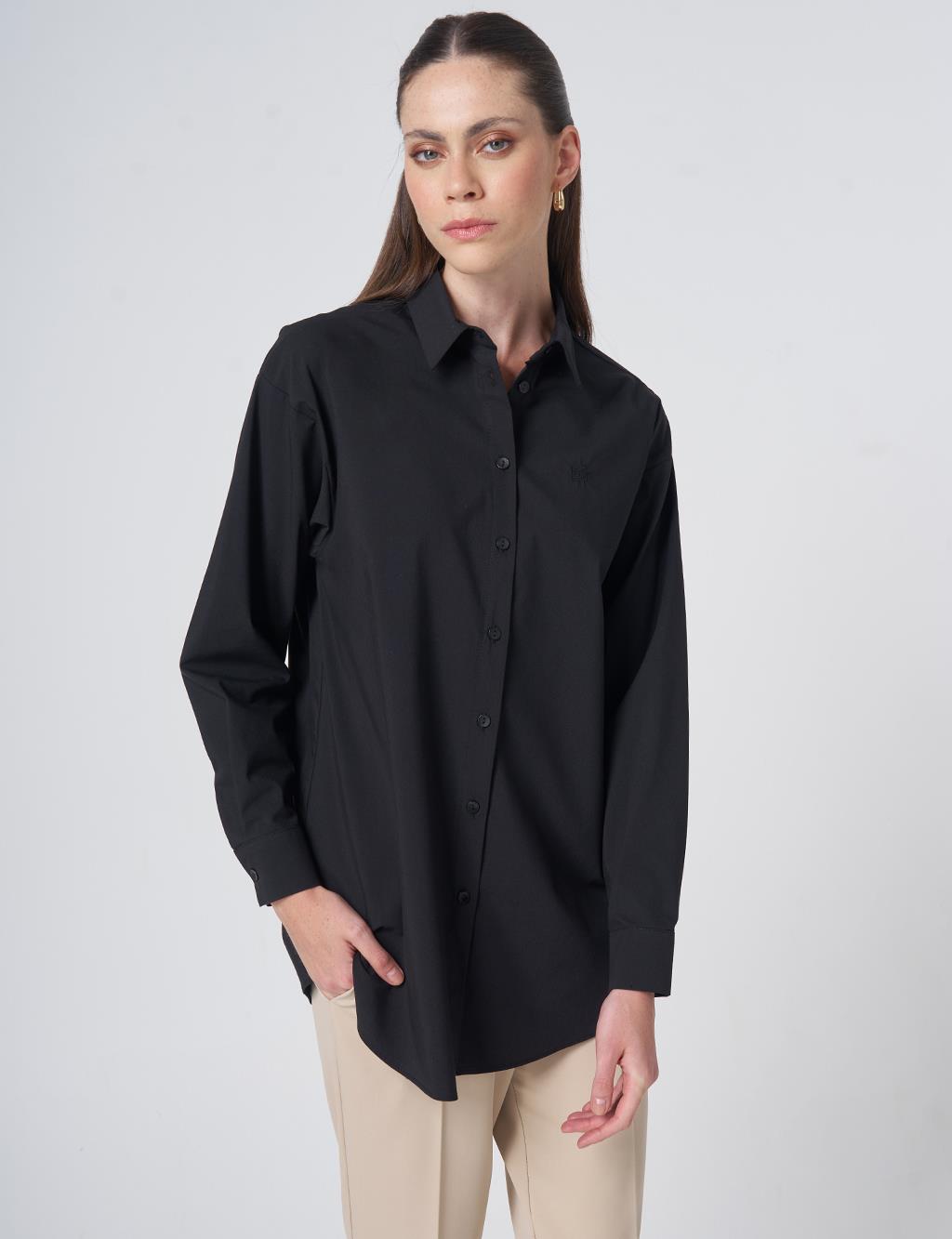 Buttoned Cotton Basic Shirt Black