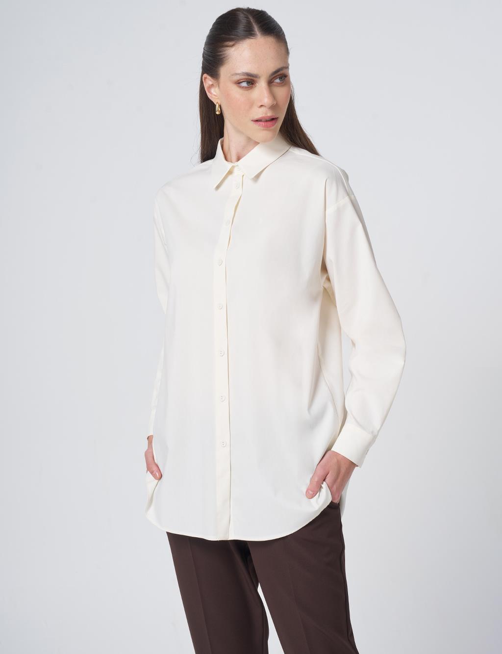 Buttoned Cotton Basic Shirt Ecru