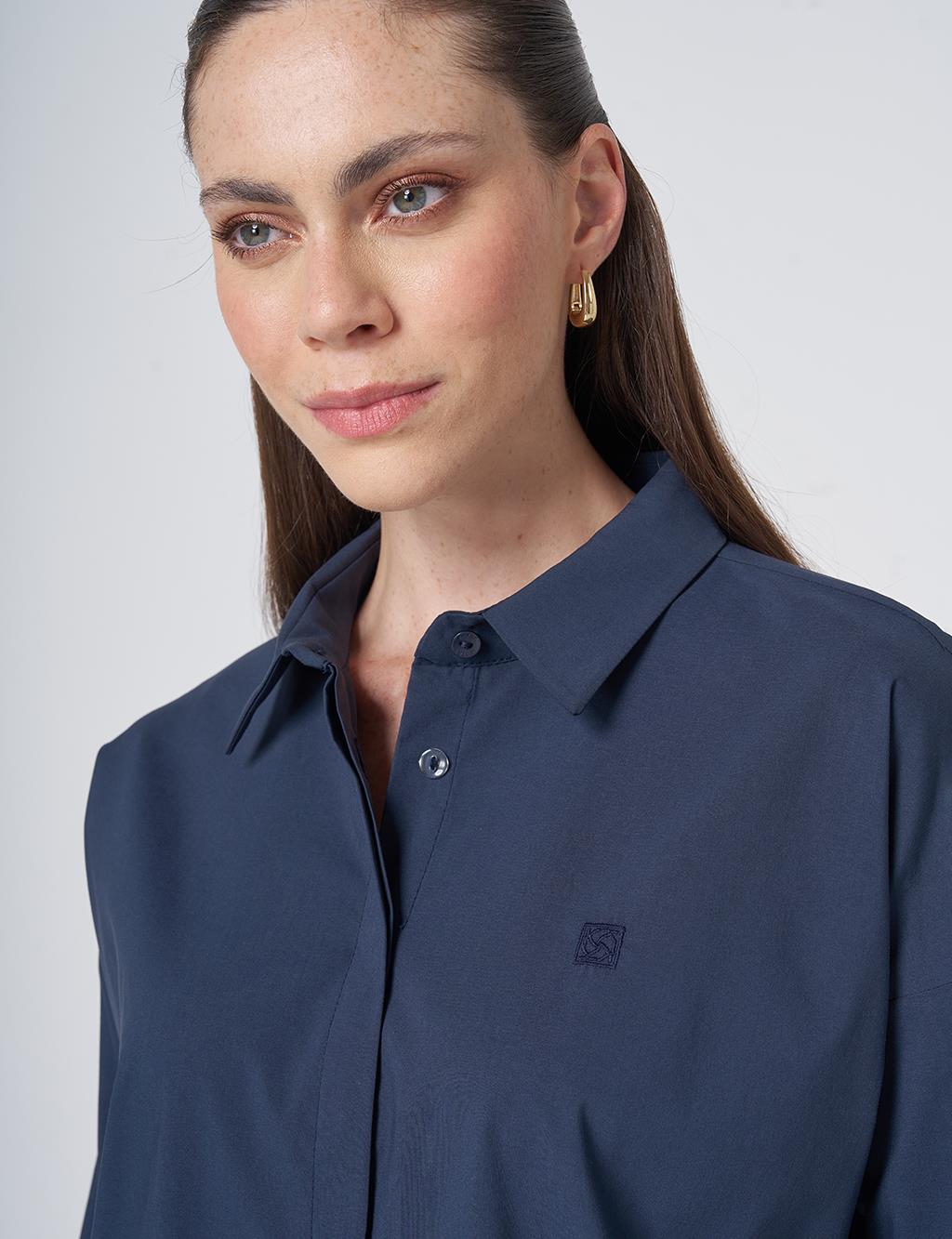 Concealed Placket Cotton Tunic Navy Blue