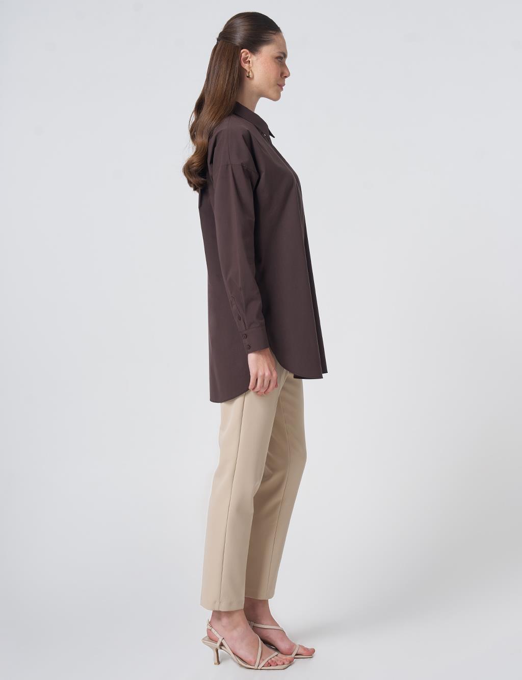 Concealed Placket Cotton Tunic Dark Brown