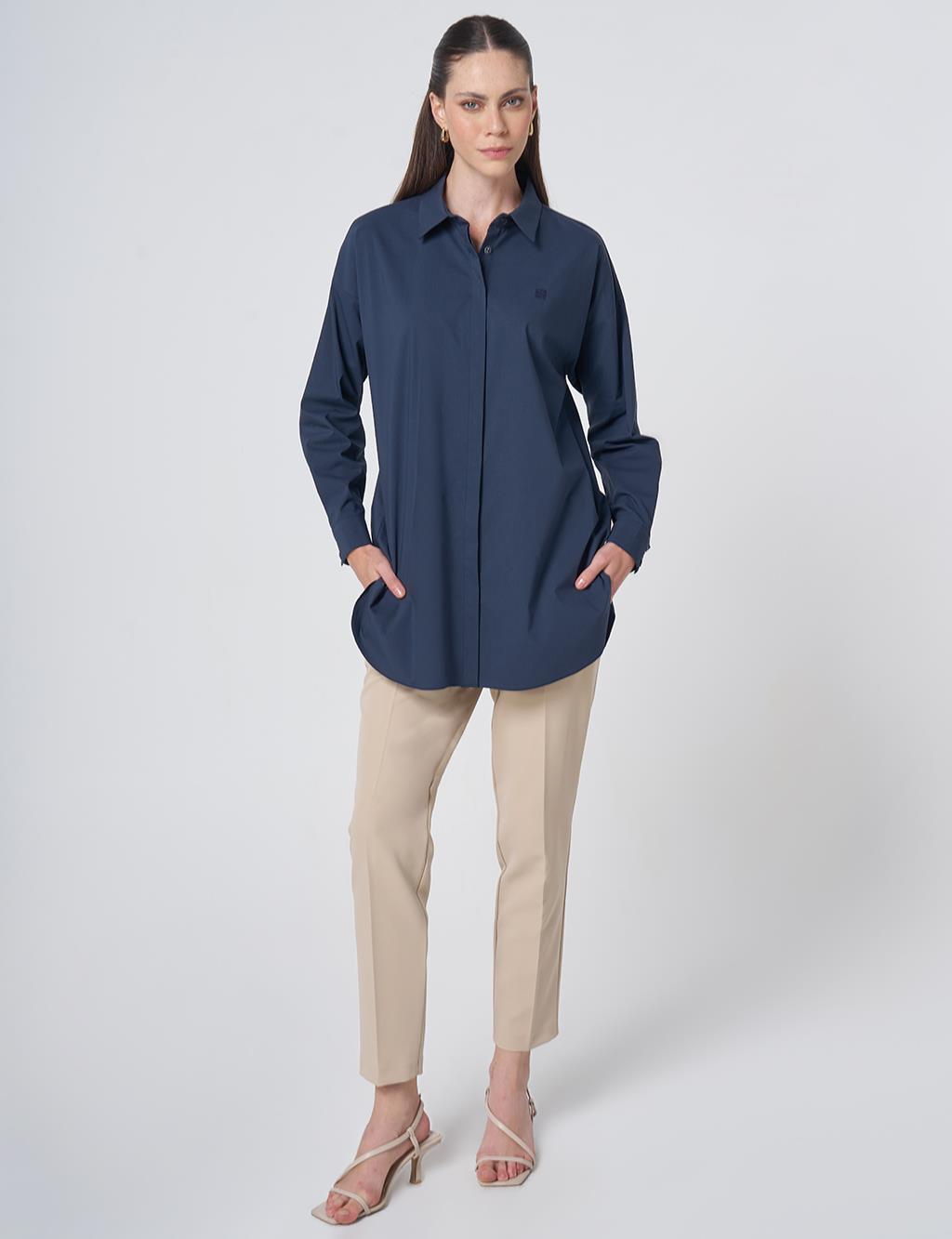 Concealed Placket Cotton Tunic Navy Blue