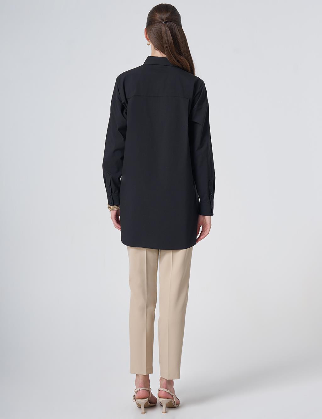 Concealed Placket Cotton Tunic Black