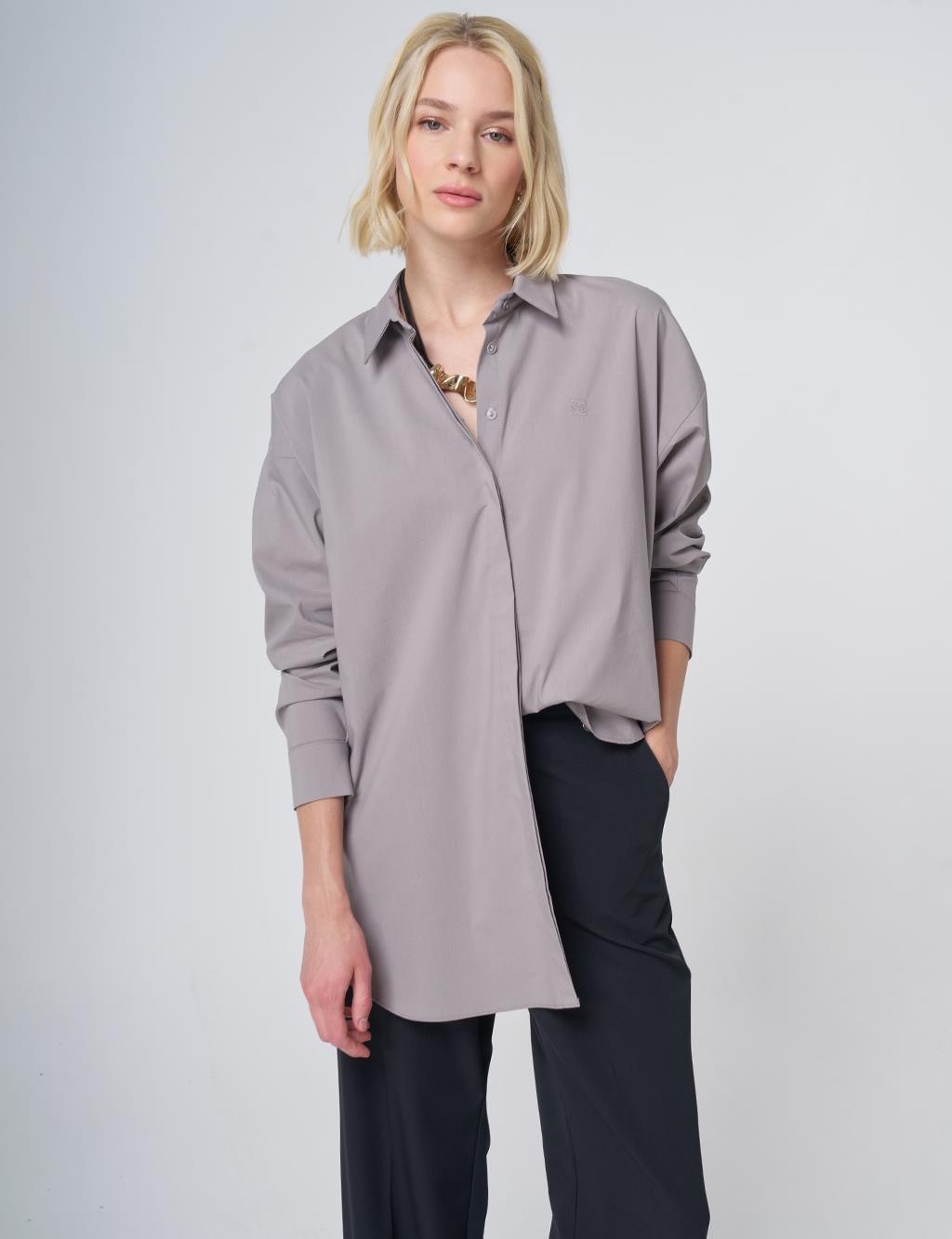 Concealed Placket Cotton Tunic Light Grey