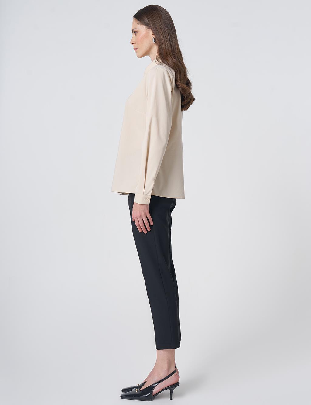 Shirt Collar Cotton Basic Blouse Cream