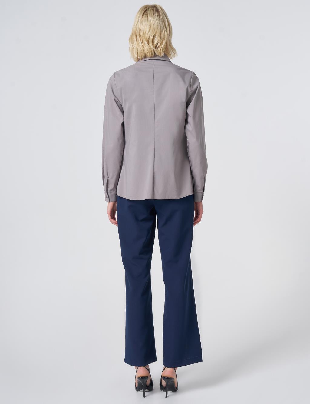 Shirt Collar Cotton Basic Blouse Light Grey