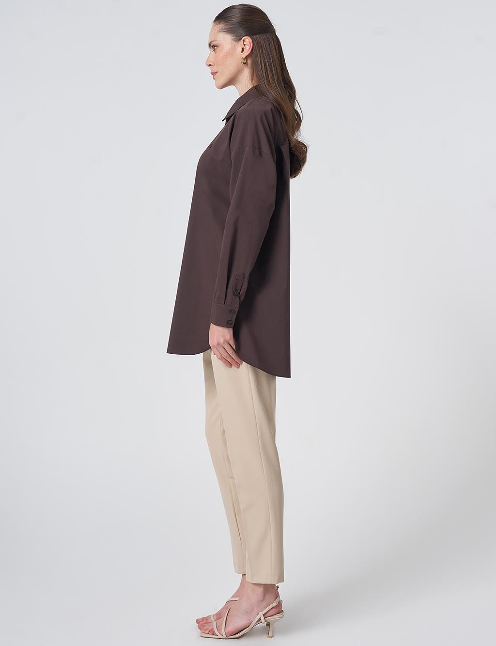 Concealed Placket Cotton Tunic Dark Brown