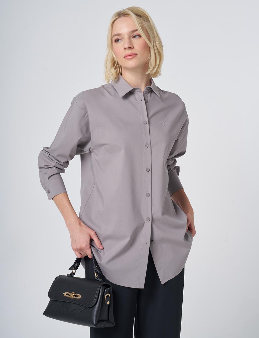 Buttoned Cotton Basic Shirt Light Gray