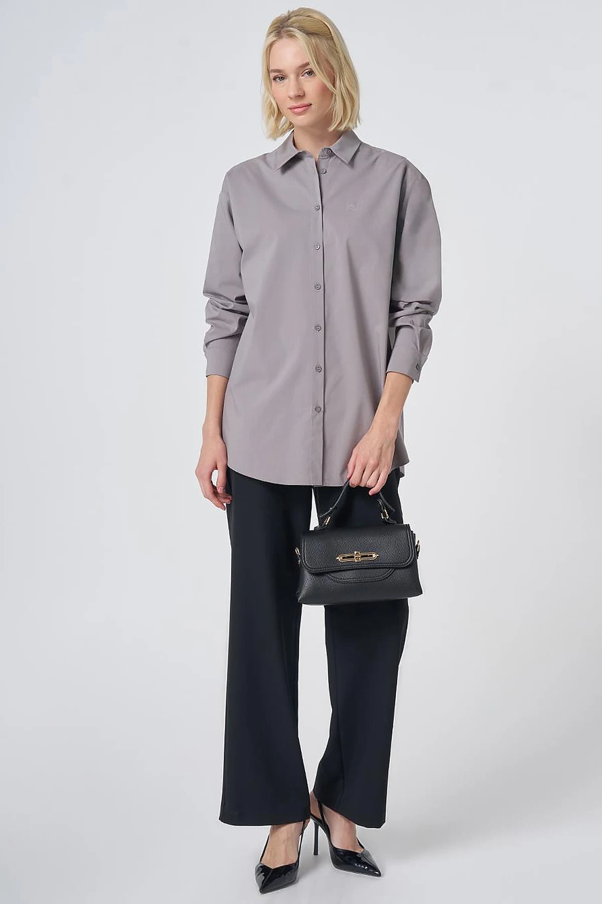 Buttoned Cotton Basic Shirt Light Gray