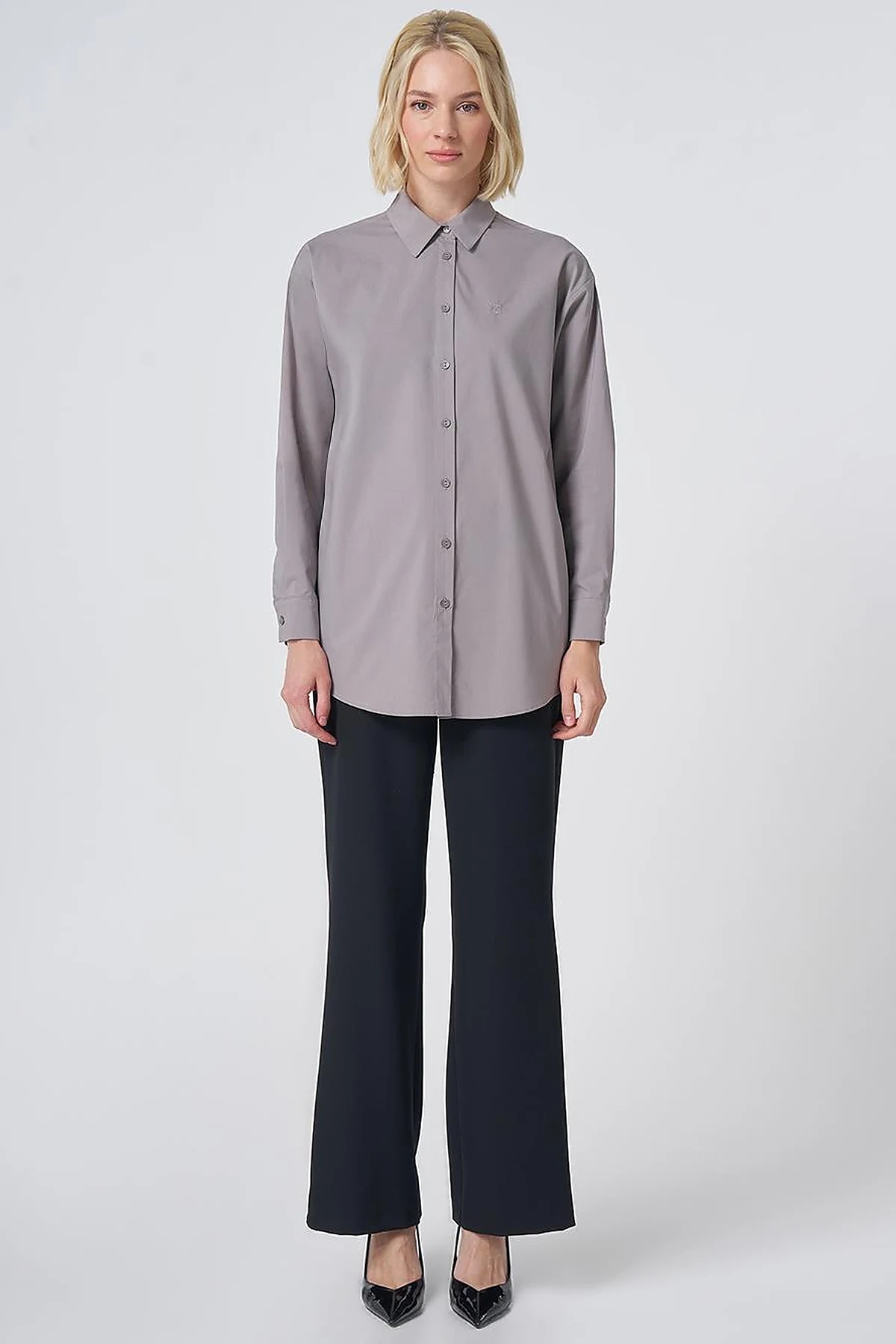 Buttoned Cotton Basic Shirt Light Gray
