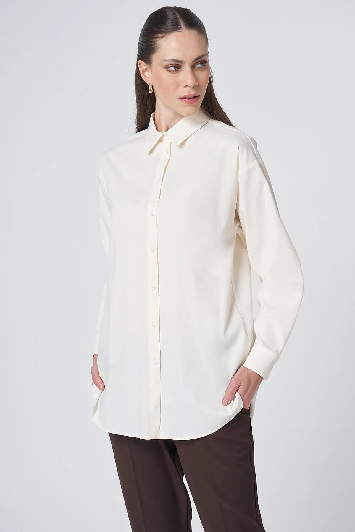 Buttoned Cotton Basic Shirt Ecru