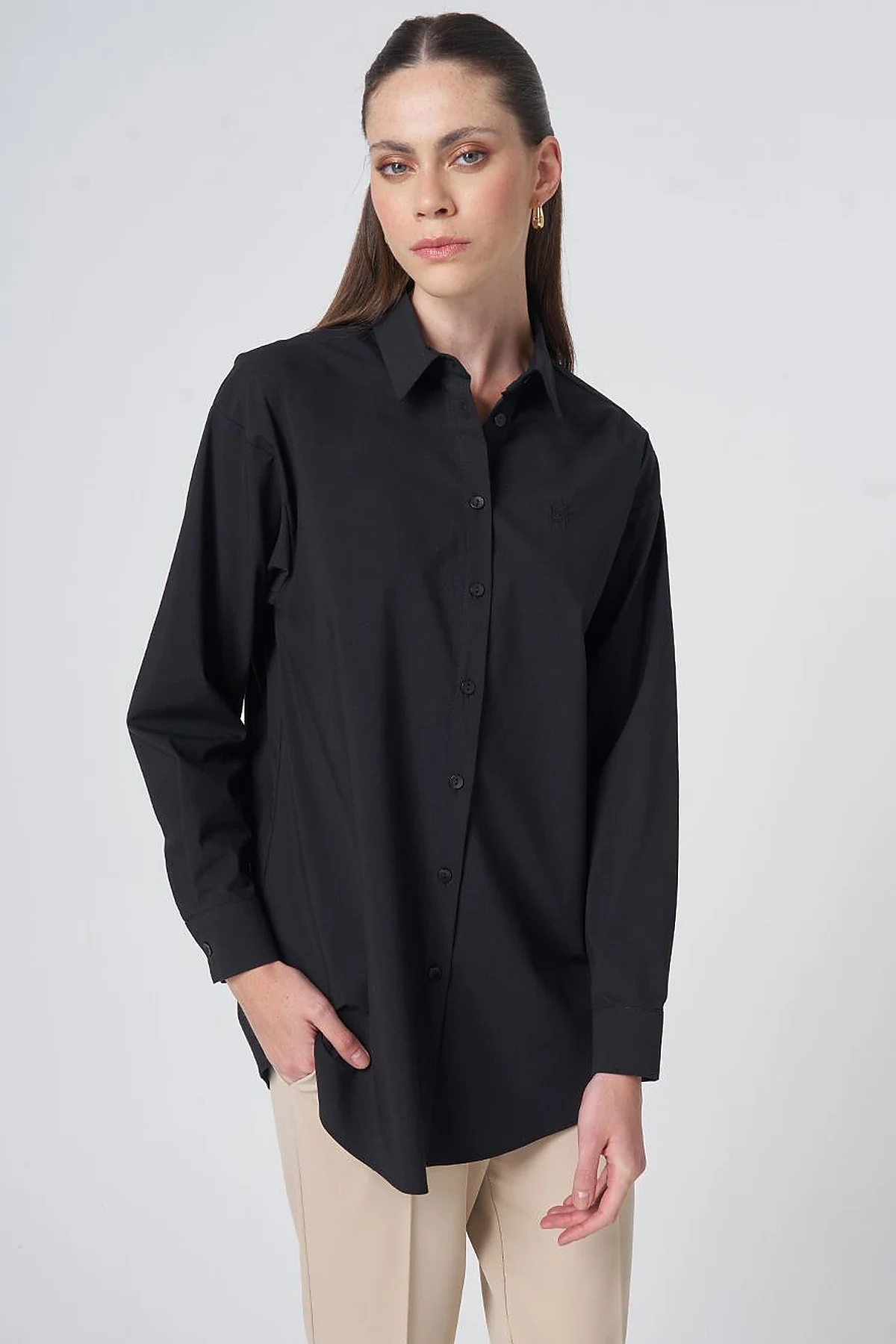 Buttoned Cotton Basic Shirt Black