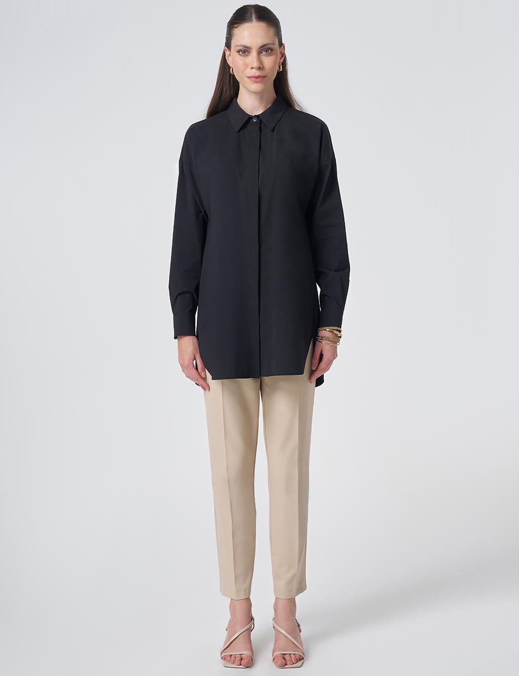 Concealed Placket Cotton Tunic Black