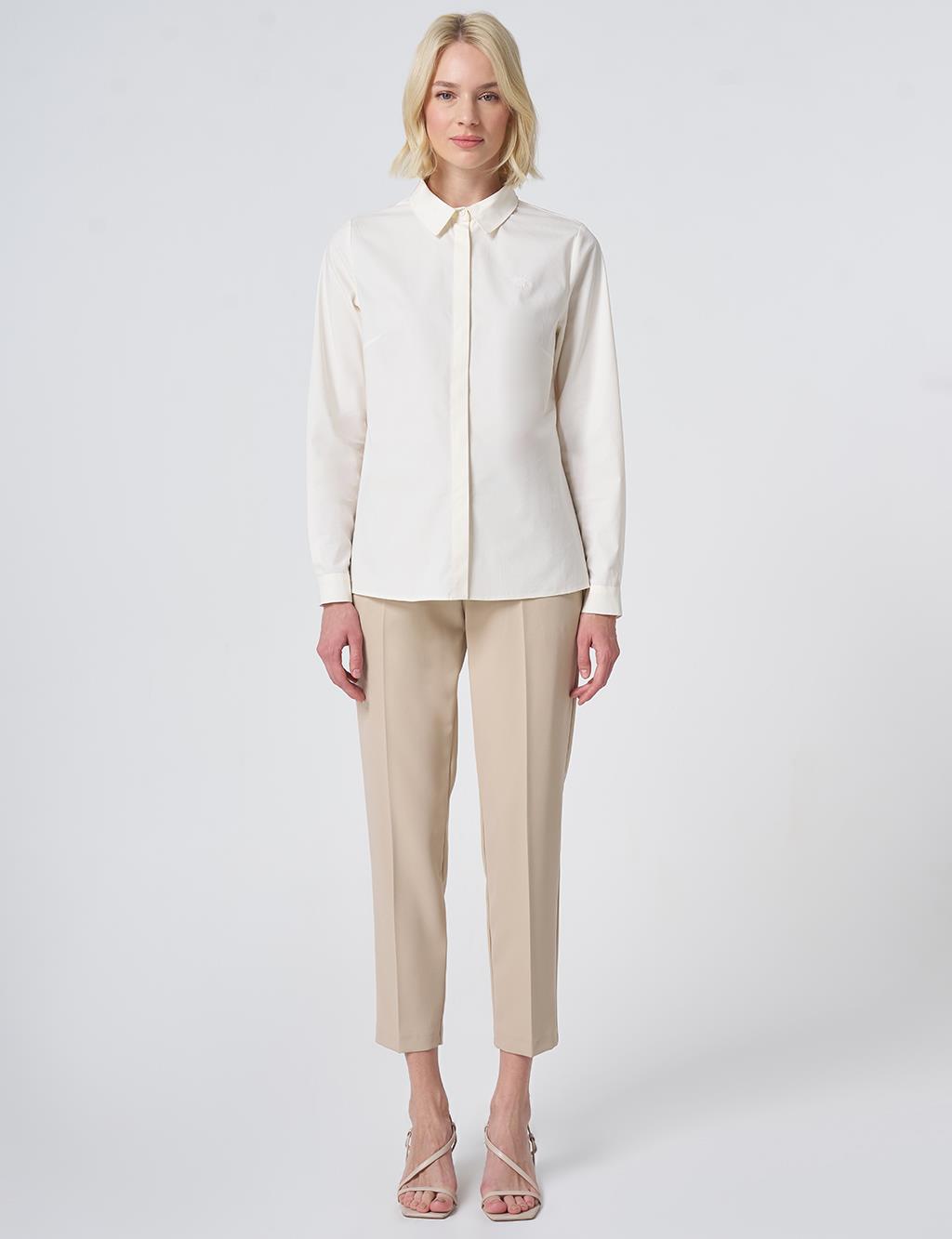 Shirt Collar Cotton Basic Blouse Ecru