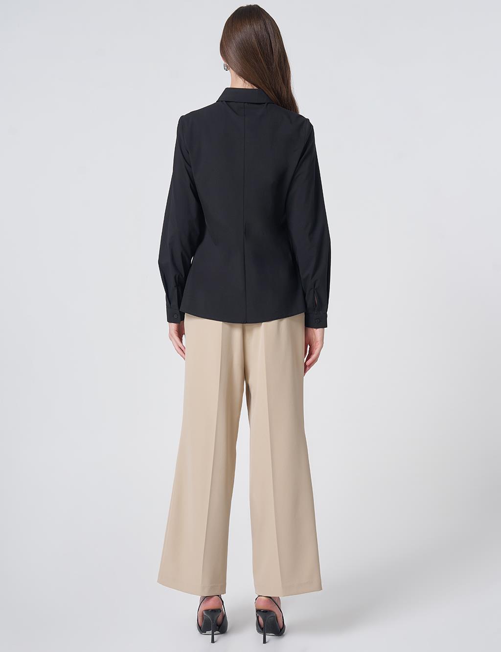 Shirt Collar Cotton Basic Blouse Black