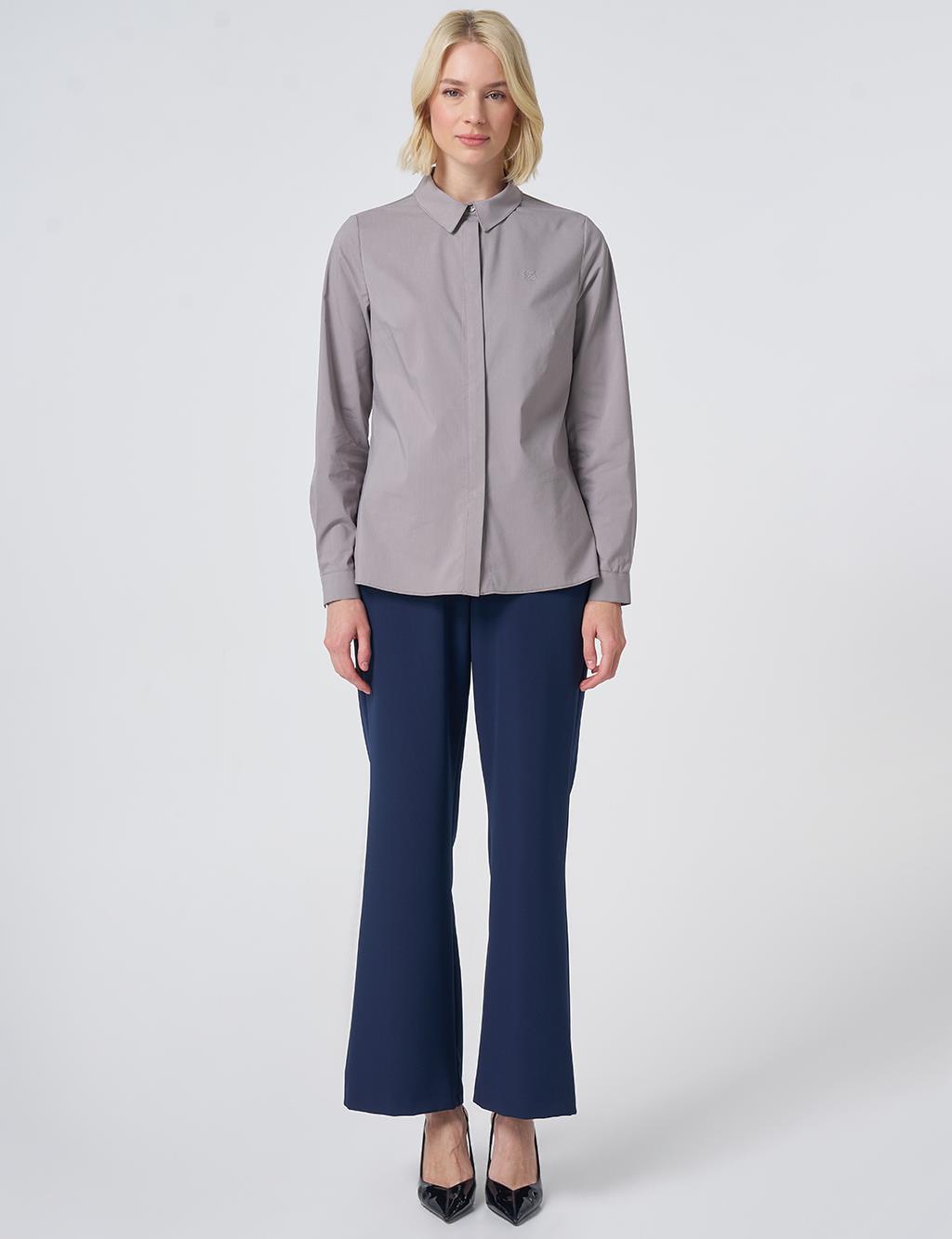Shirt Collar Cotton Basic Blouse Light Grey