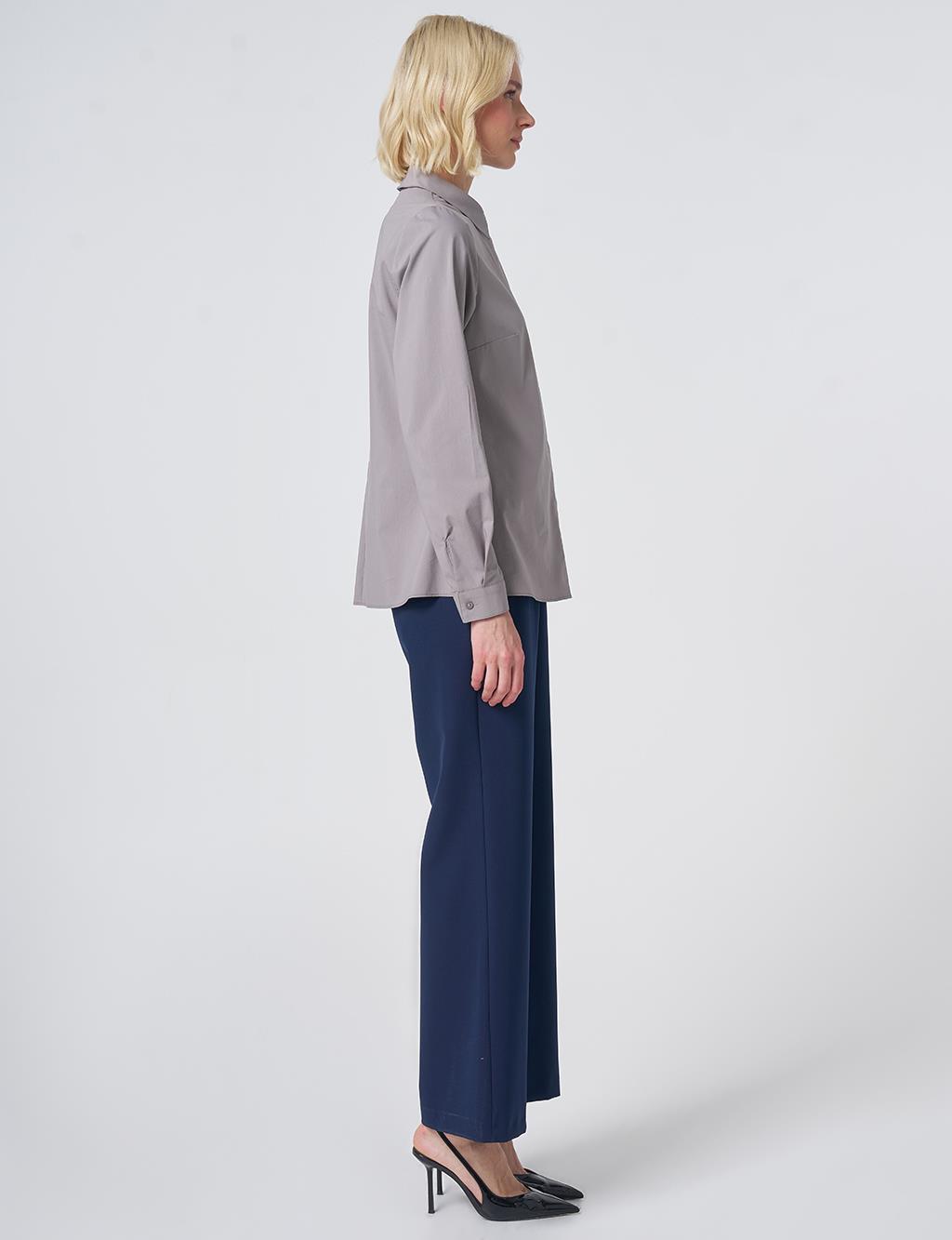 Shirt Collar Cotton Basic Blouse Light Grey