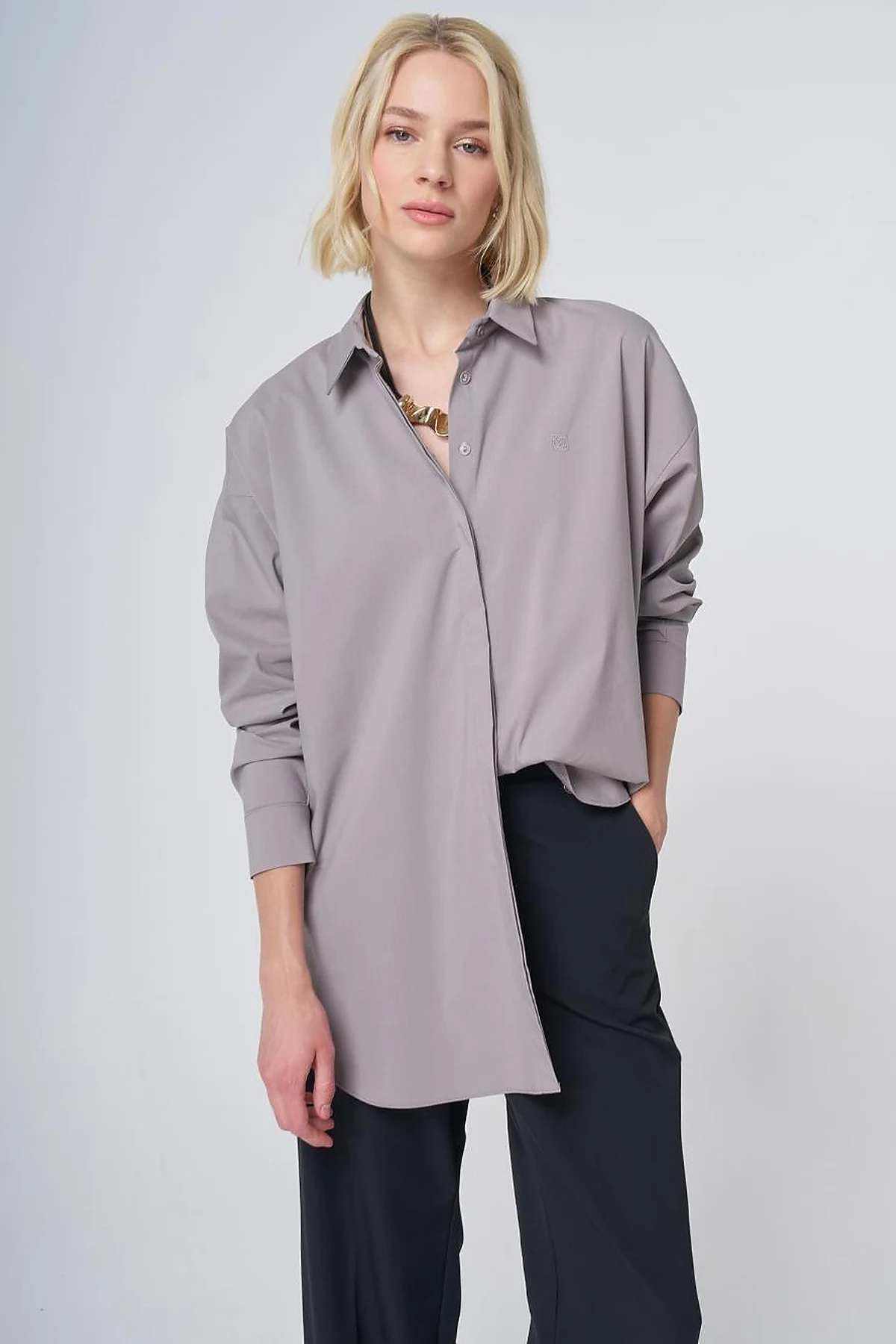 Concealed Placket Cotton Tunic Light Grey