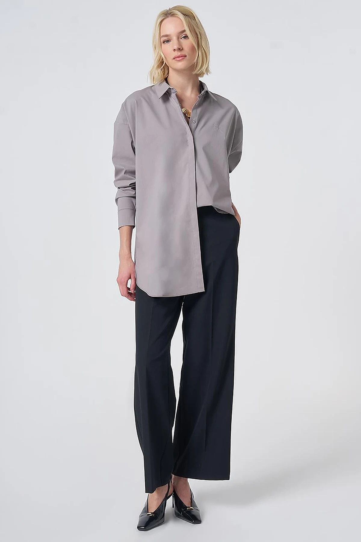 Concealed Placket Cotton Tunic Light Grey