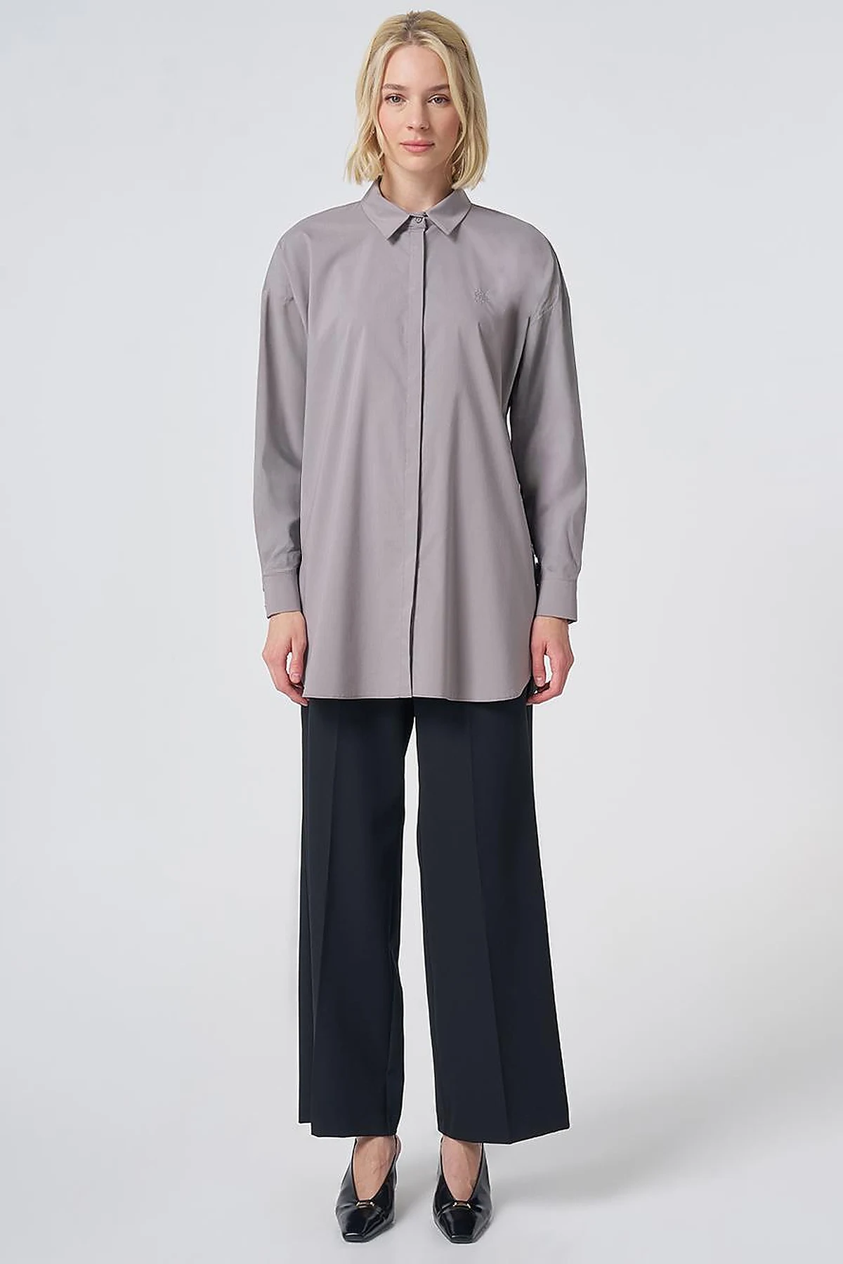 Concealed Placket Cotton Tunic Light Grey