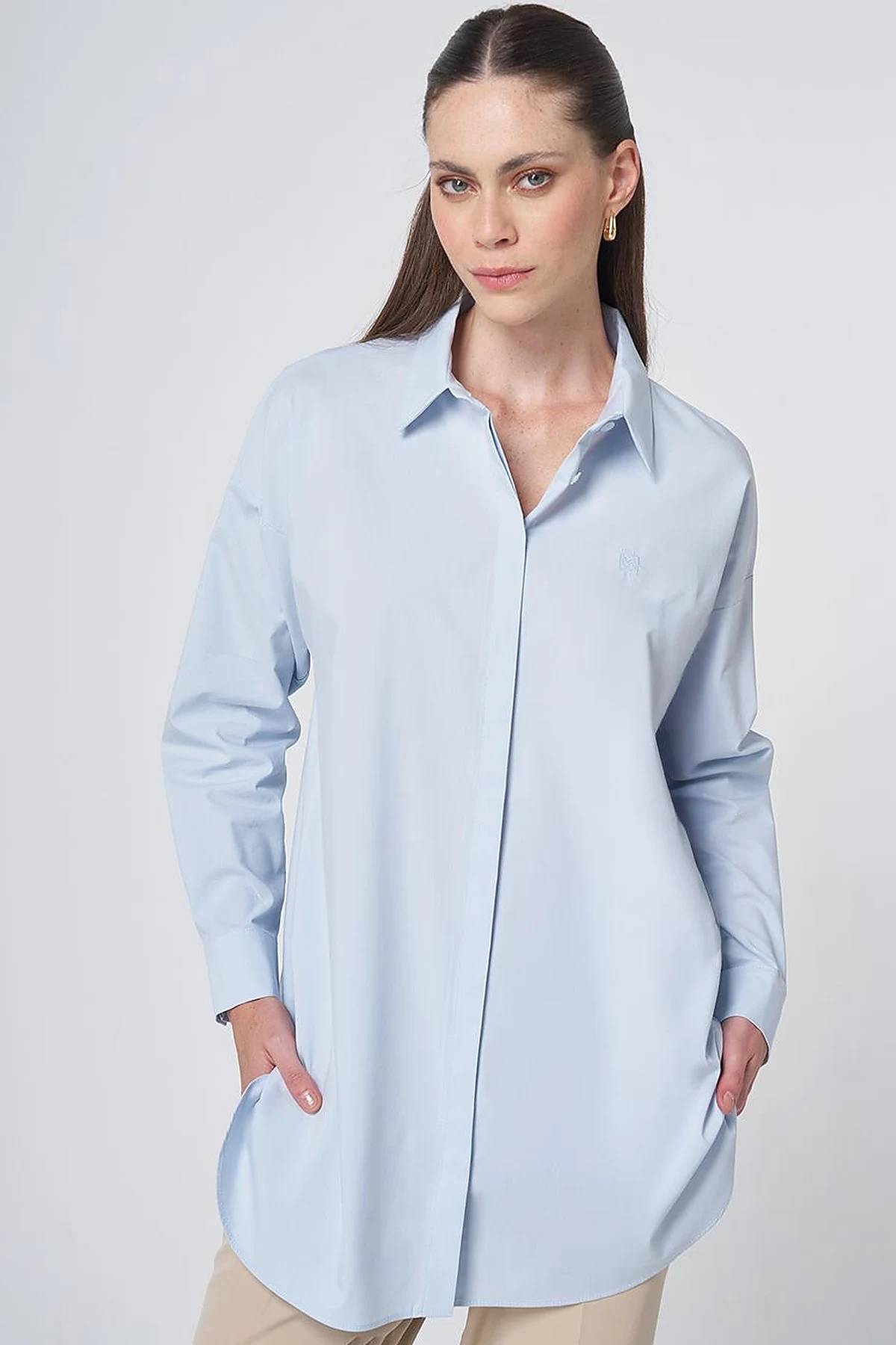 Concealed Placket Cotton Tunic Ice Blue
