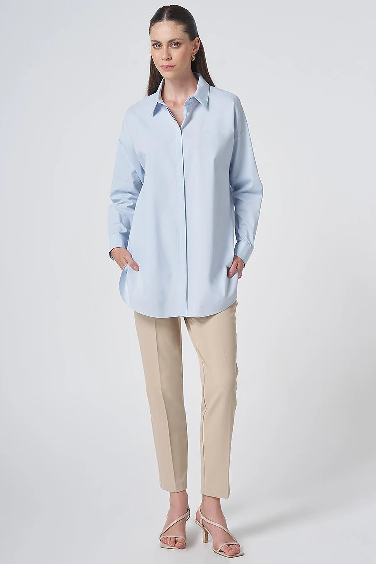 Concealed Placket Cotton Tunic Ice Blue
