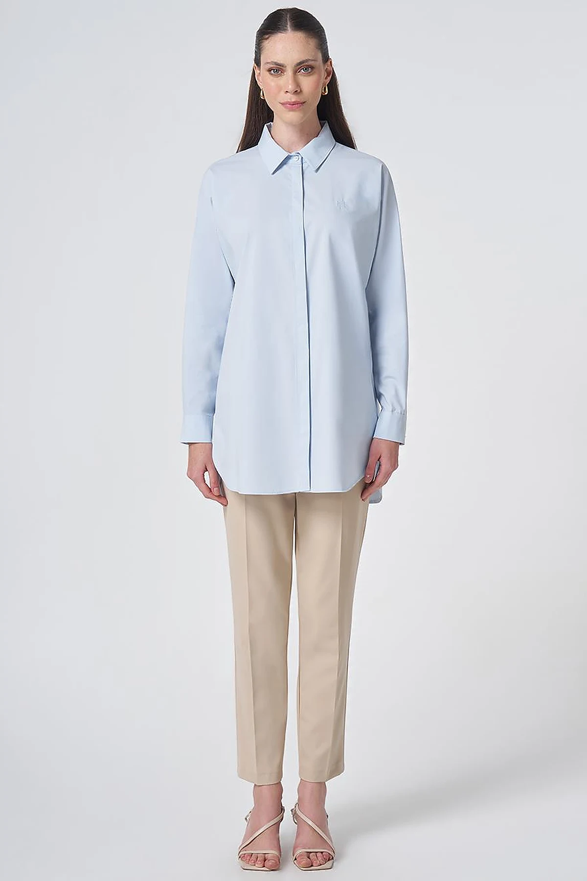 Concealed Placket Cotton Tunic Ice Blue