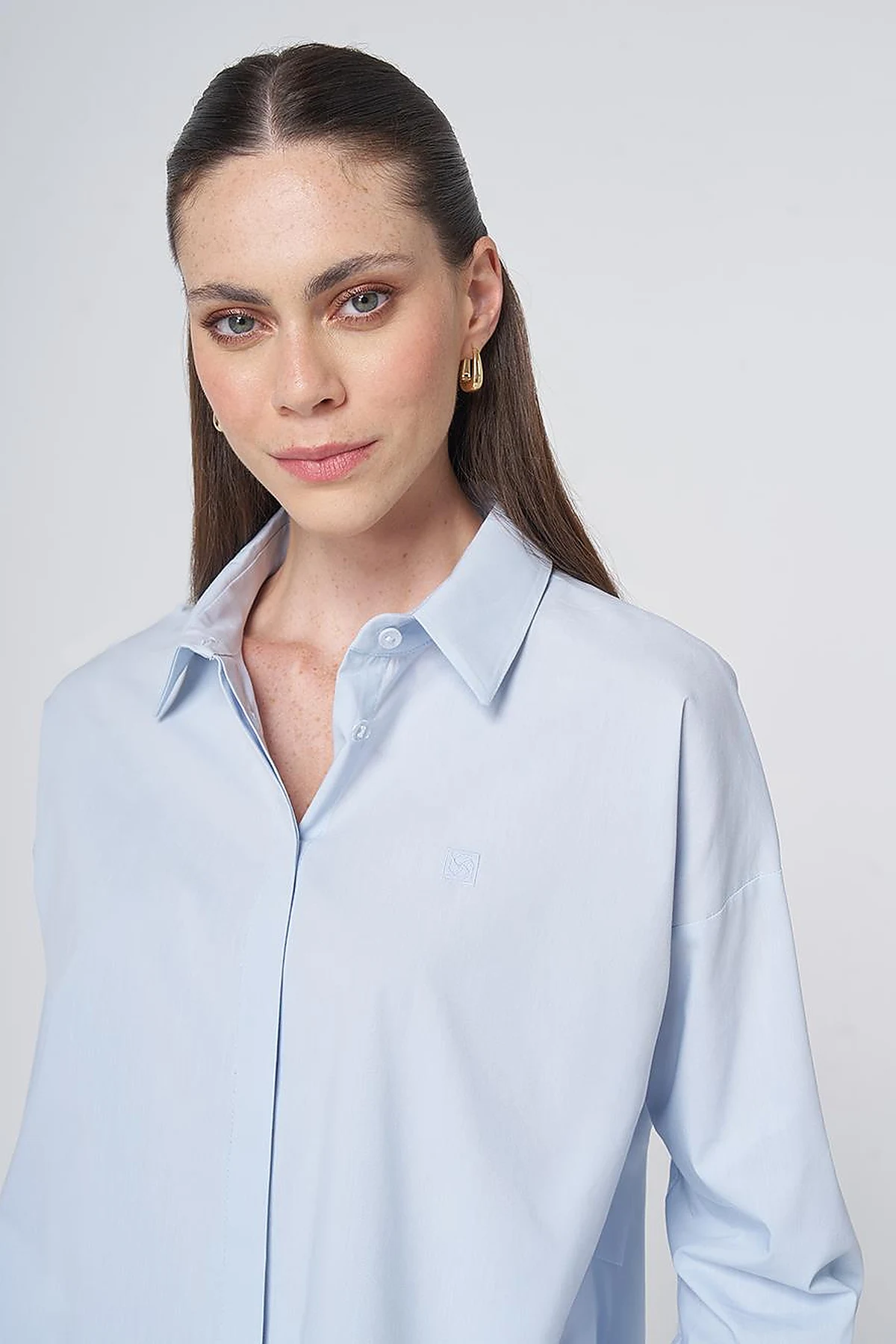Concealed Placket Cotton Tunic Ice Blue