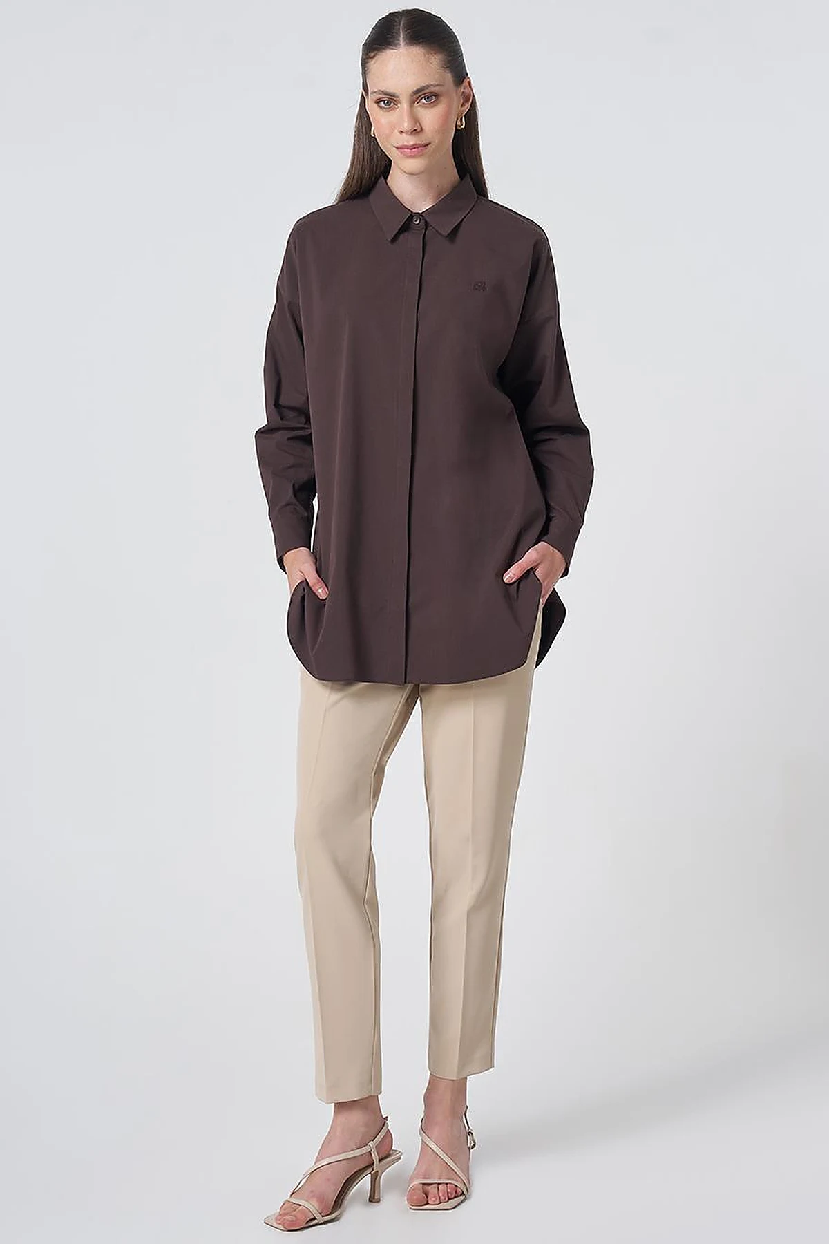 Concealed Placket Cotton Tunic Dark Brown
