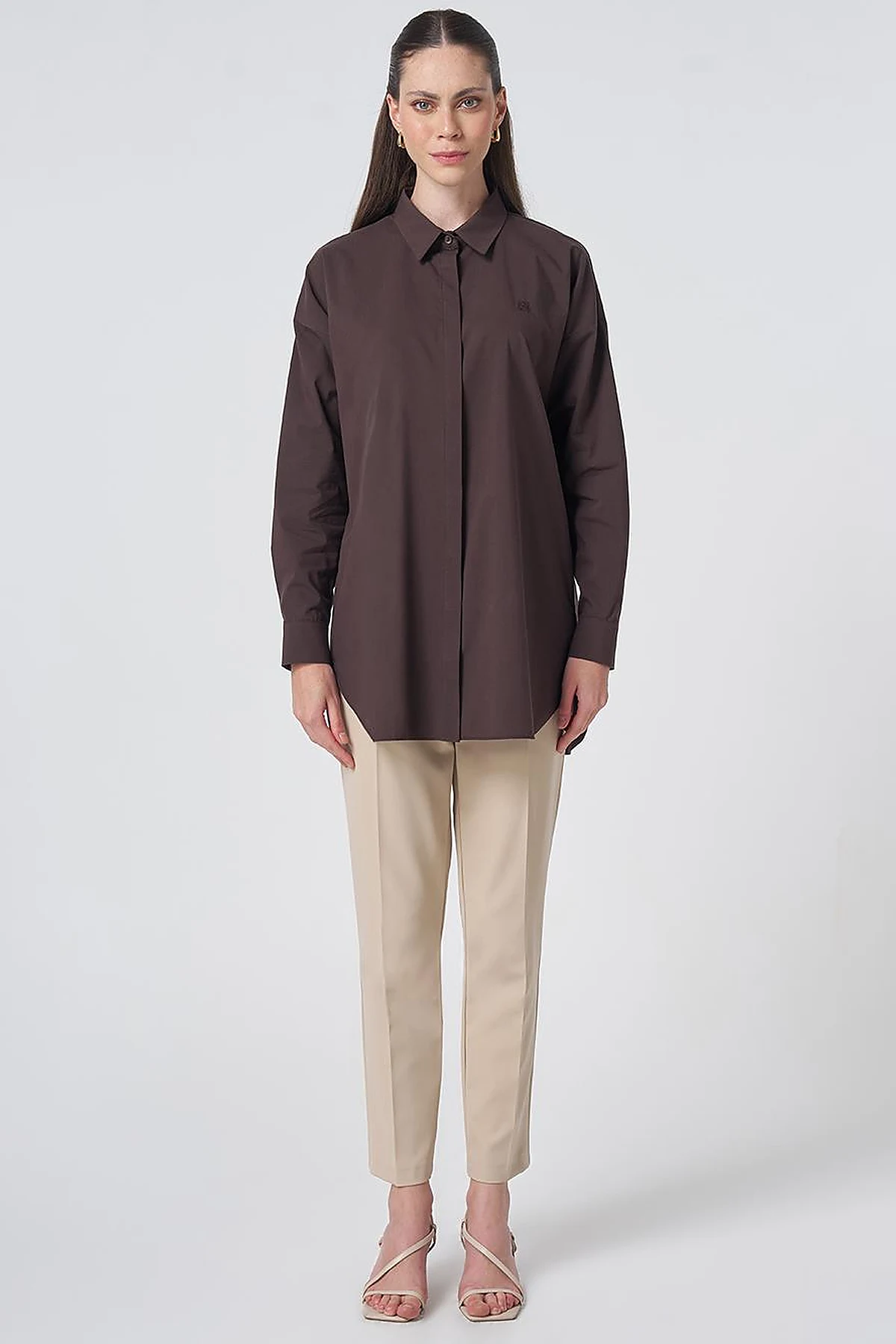 Concealed Placket Cotton Tunic Dark Brown